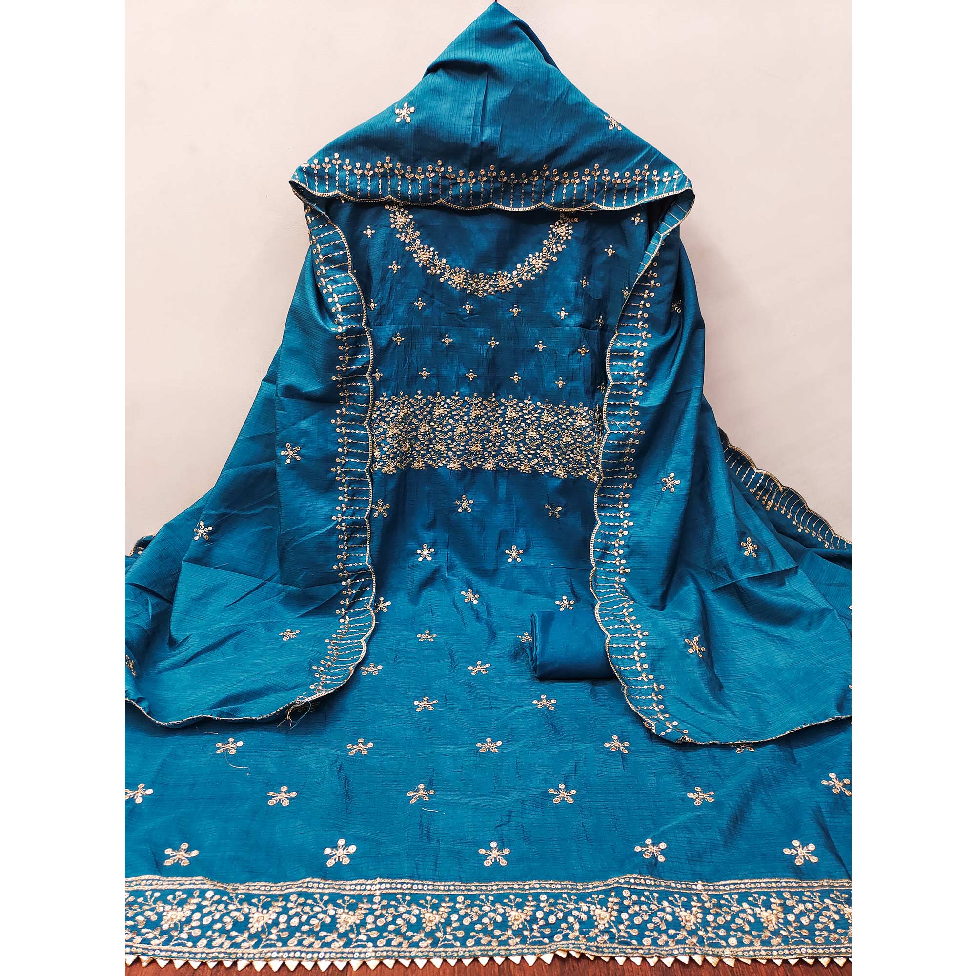 Blue Cotton Silk Dress Material with Traditional Jalpari Embroidery
