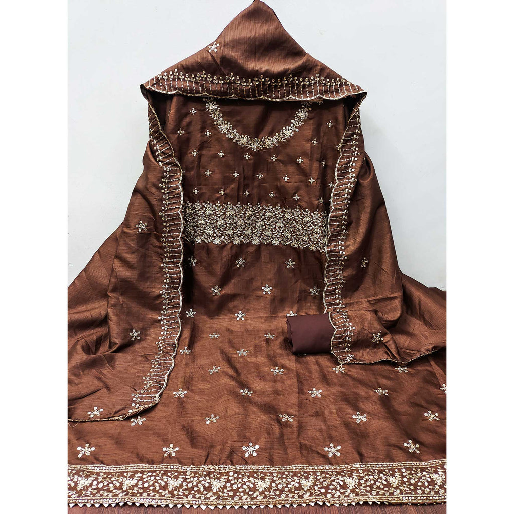 Brown Cotton Silk Dress Material with Traditional Jalpari Embroidery