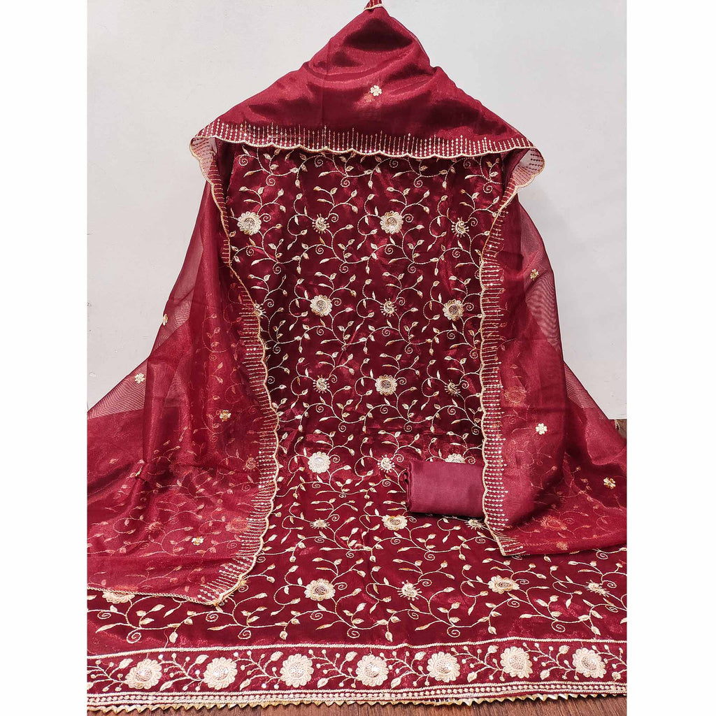Maroon Unstitched Suit Material with Fine Floral Embroidery on Sheer Twill Net