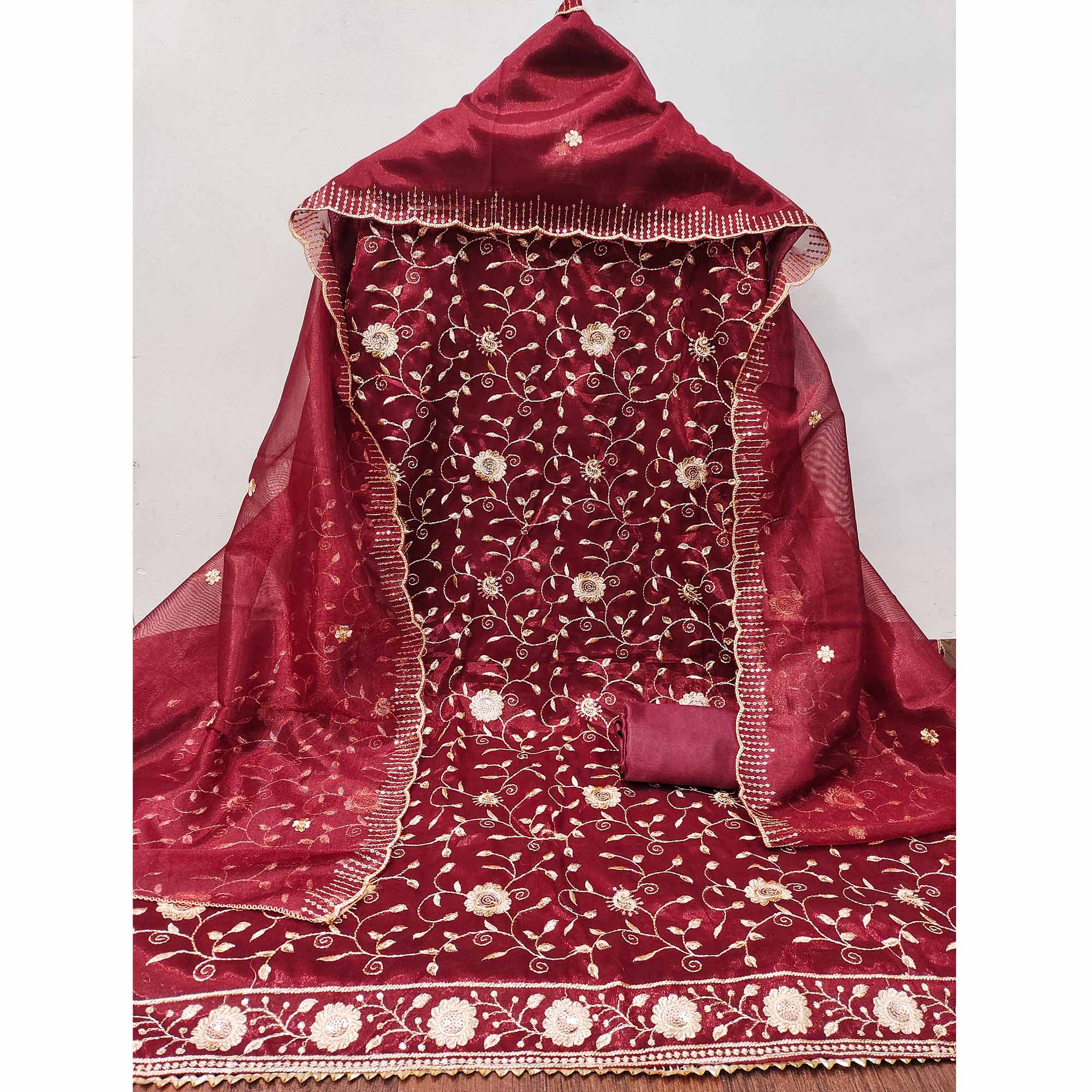 Maroon Unstitched Suit Material with Fine Floral Embroidery on Sheer Twill Net
