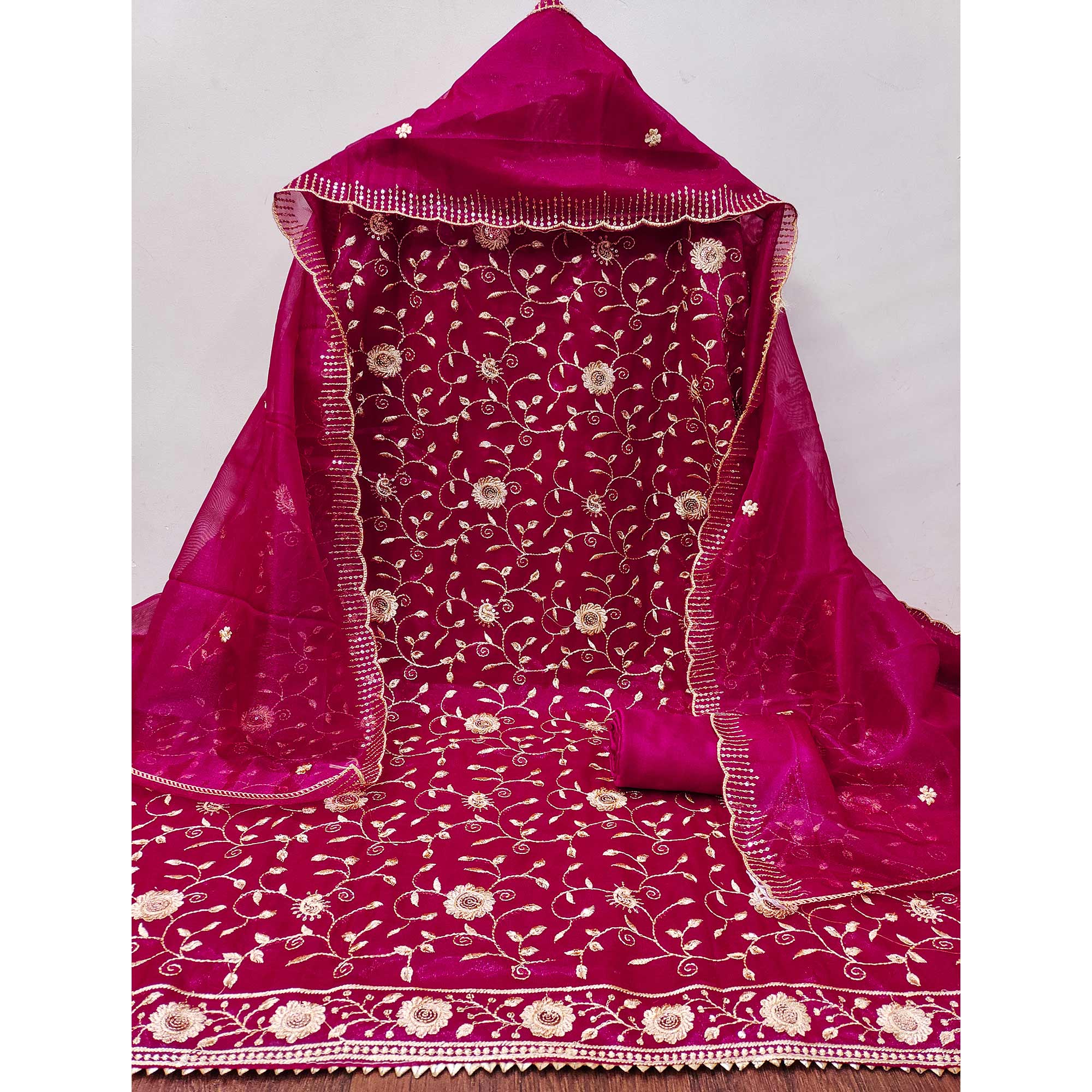 Pink Unstitched Suit Material with Fine Floral Embroidery on Sheer Twill Net