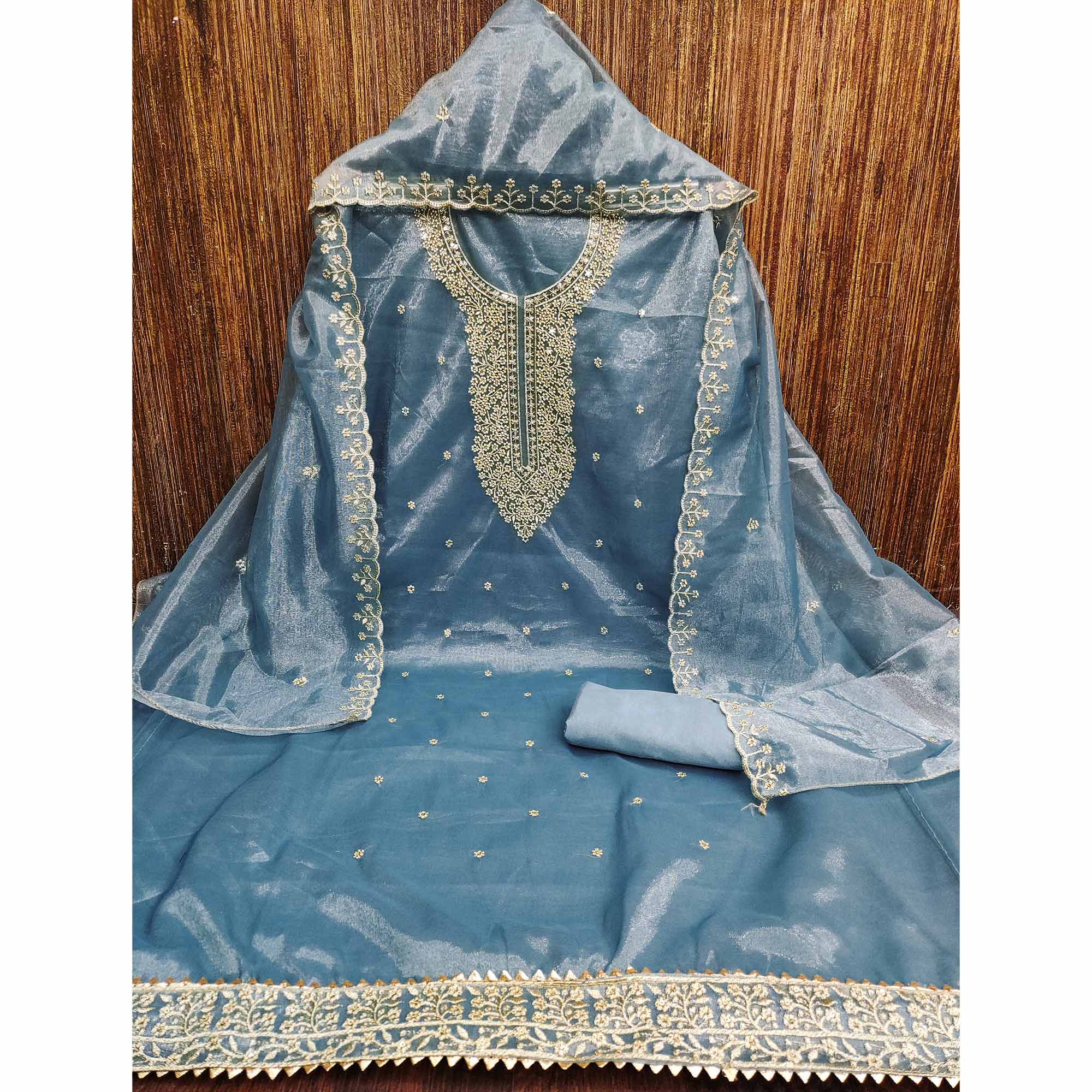 Blue Designer Suit Material in Sheer Twill Net with Thread Embroidered Patterns
