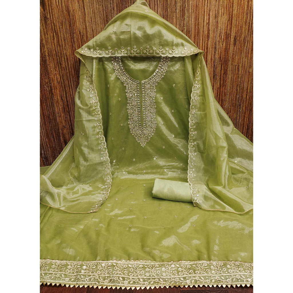 Green Designer Suit Material in Sheer Twill Net with Thread Embroidered Patterns