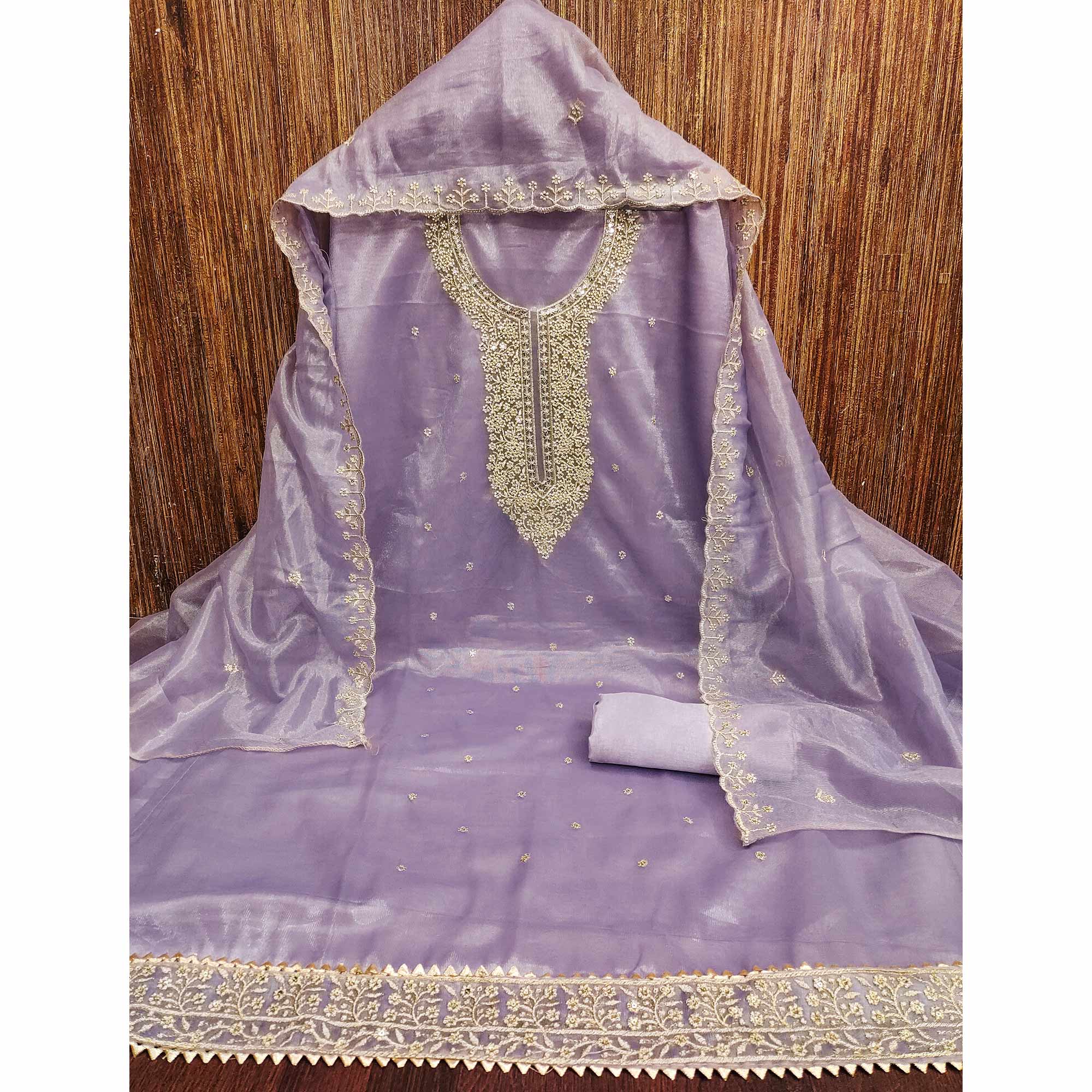 Lavender Designer Suit Material in Sheer Twill Net with Thread Embroidered Patterns