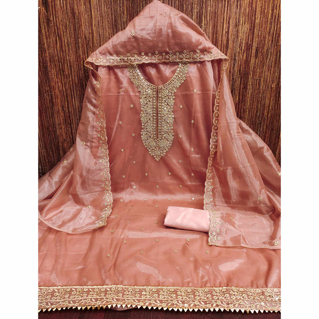 Peach Designer Suit Material in Sheer Twill Net with Thread Embroidered Patterns