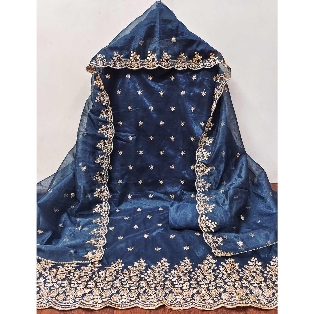 Blue Ethnic Twill Net Dress Material Embellished with Ornate Thread Embroidery