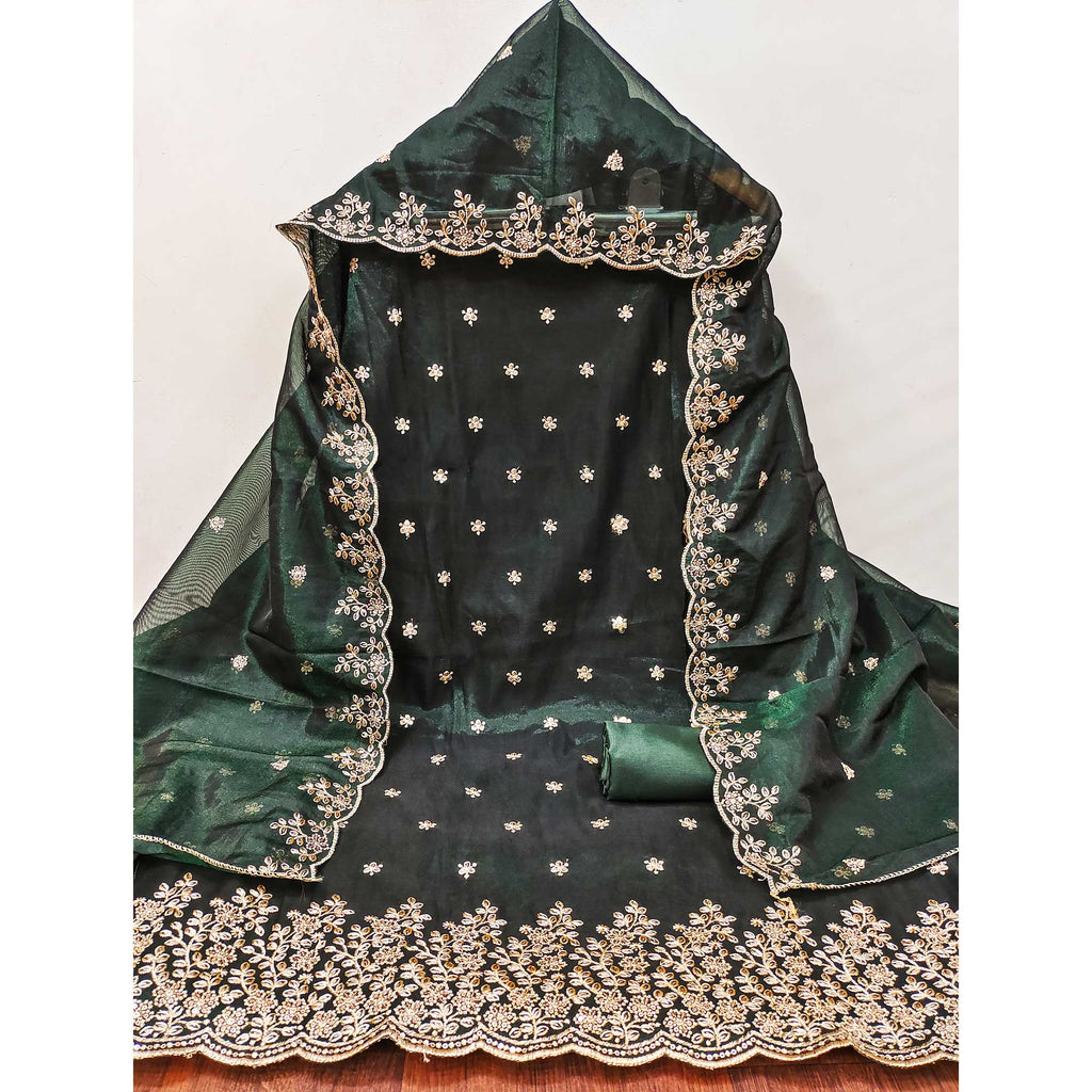 Bottle Green Ethnic Twill Net Dress Material Embellished with Ornate Thread Embroidery