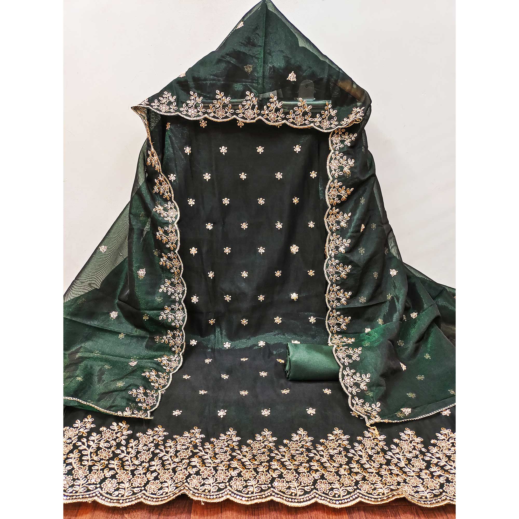 Bottle Green Ethnic Twill Net Dress Material Embellished with Ornate Thread Embroidery