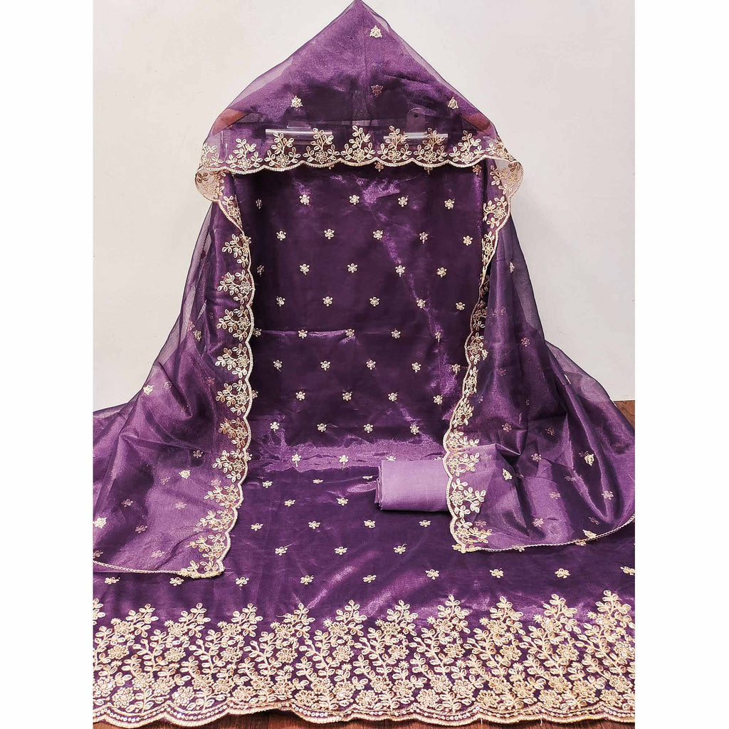 Deep Purple Ethnic Twill Net Dress Material Embellished with Ornate Thread Embroidery
