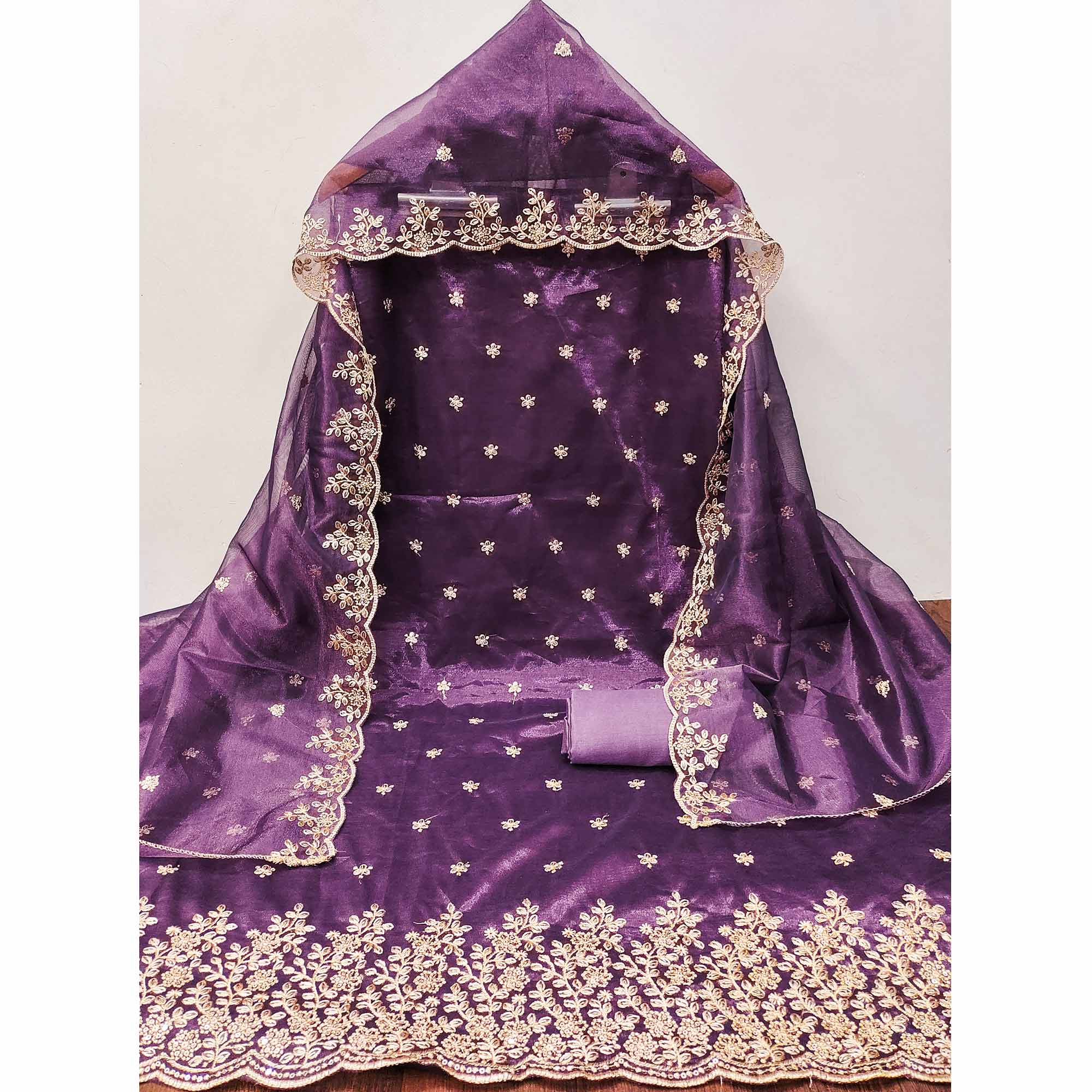 Deep Purple Ethnic Twill Net Dress Material Embellished with Ornate Thread Embroidery