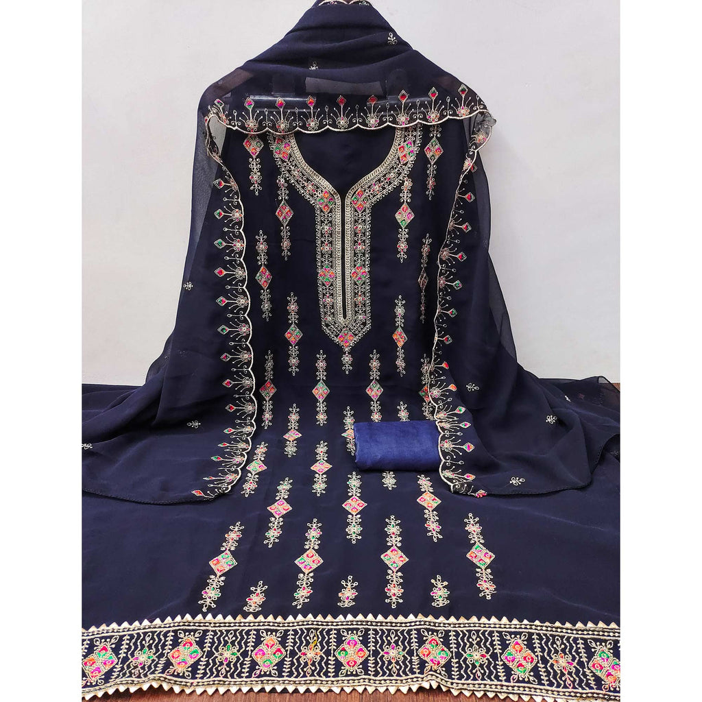 Blue Georgette Dress Material Enhanced With Graceful Floral Embroidery For An Elegant Ethnic Look