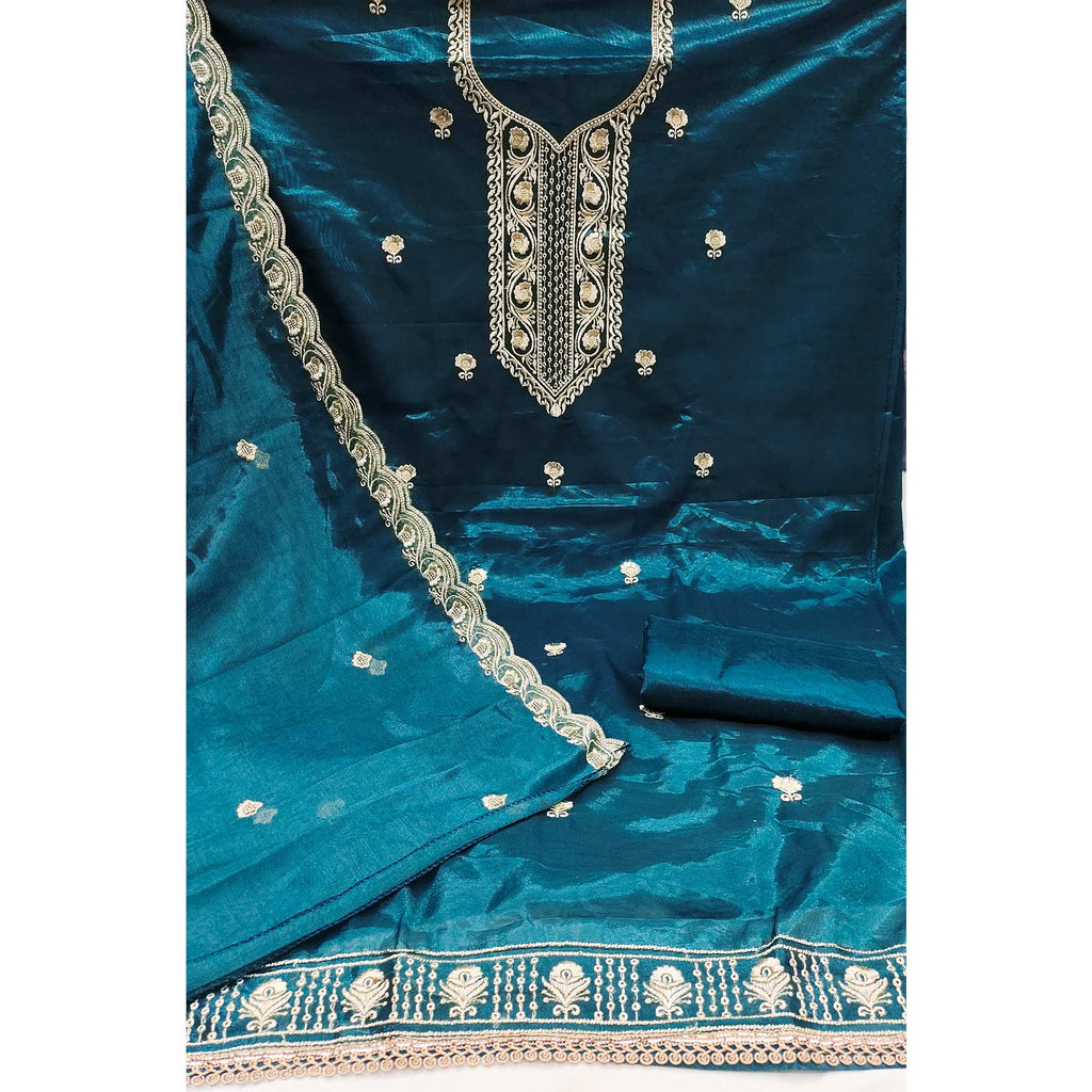 Blue Delight Floral  Embroidered Twill Net Dress Material