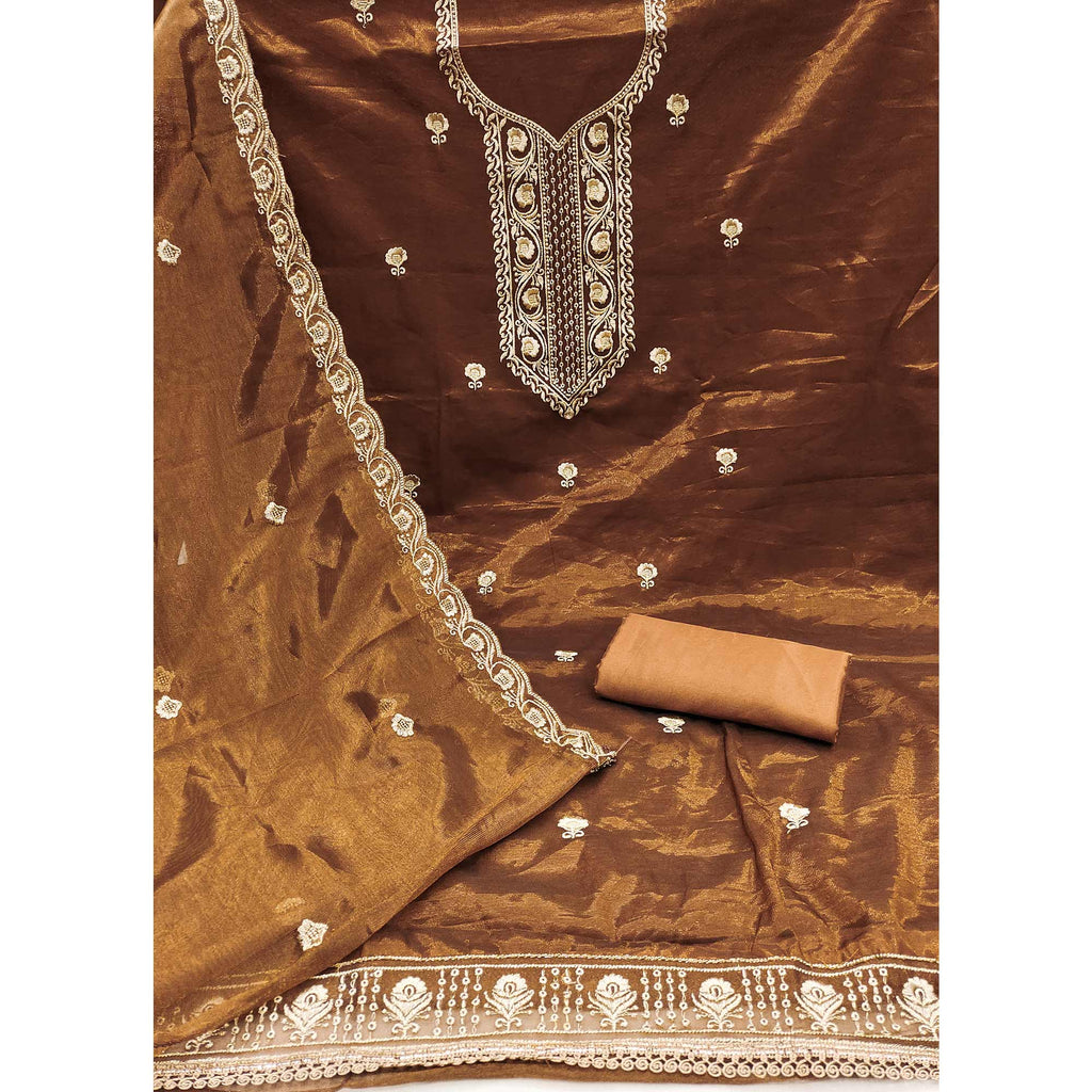 Dark Mustard Delight Floral  Embroidered Twill Net Dress Material