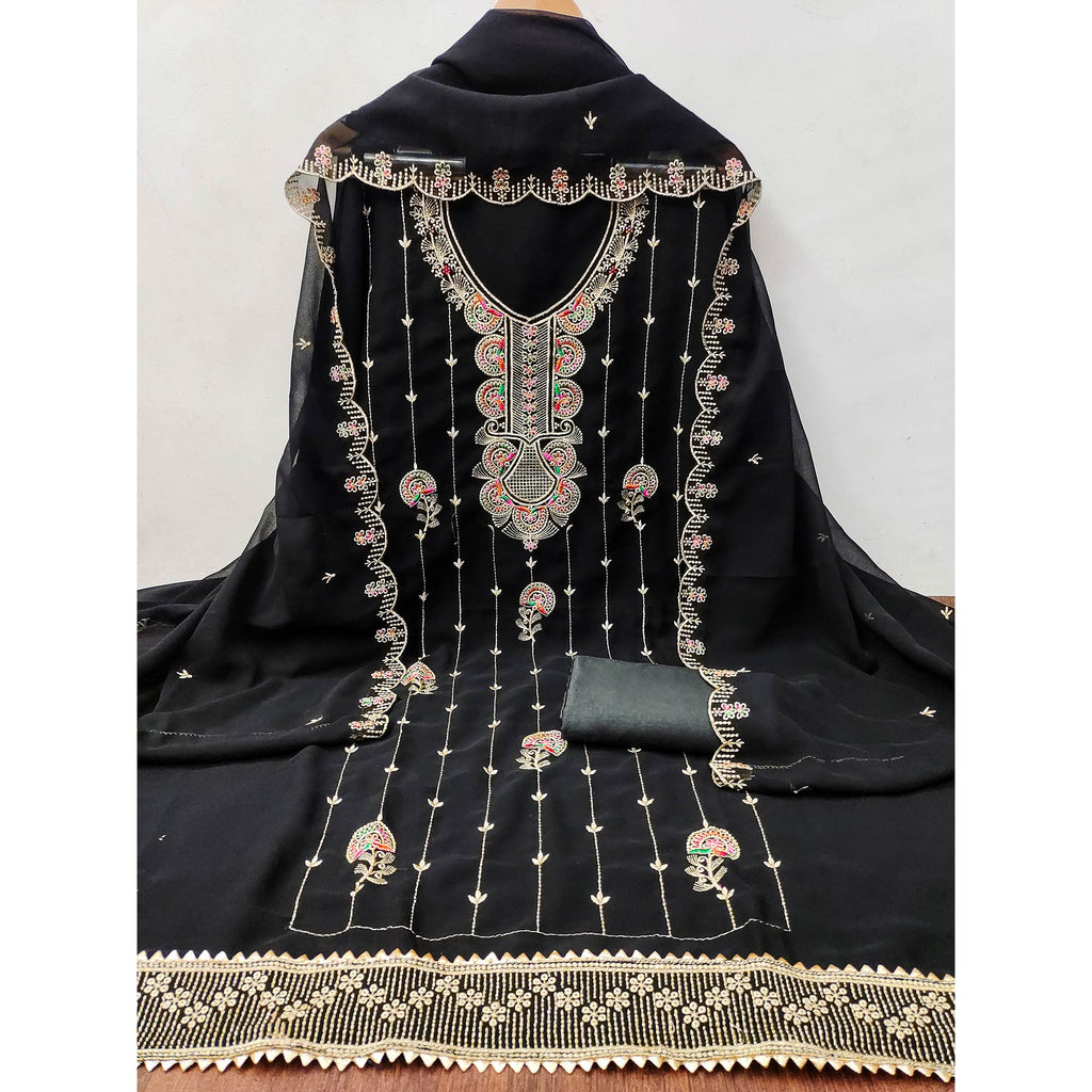 Black Floral Embroidered Unstitched Suit Fabric in Flowing Georgette