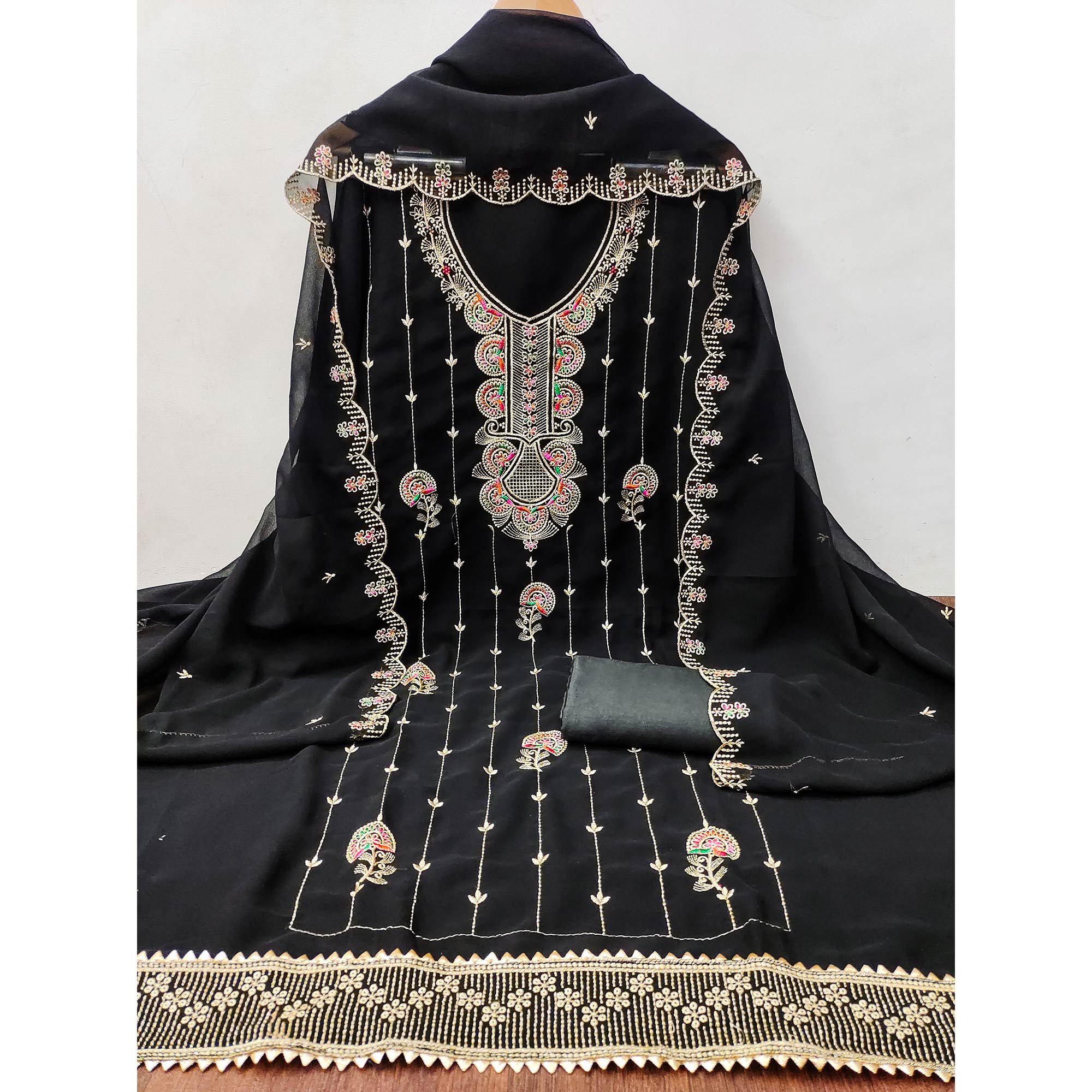 Black Floral Embroidered Unstitched Suit Fabric in Flowing Georgette