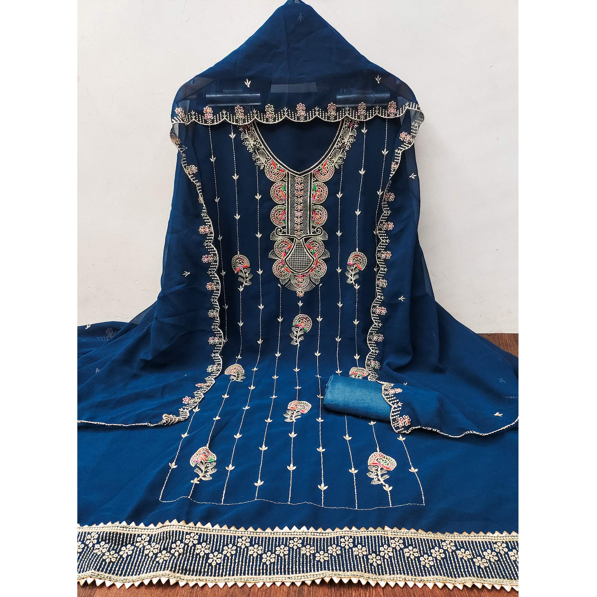 Blue Floral Embroidered Unstitched Suit Fabric in Flowing Georgette