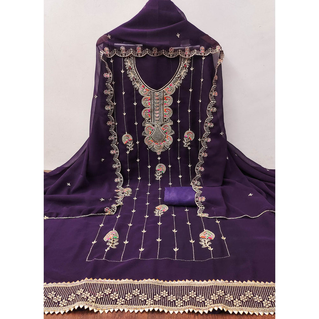 Deep Purple Floral Embroidered Unstitched Suit Fabric in Flowing Georgette
