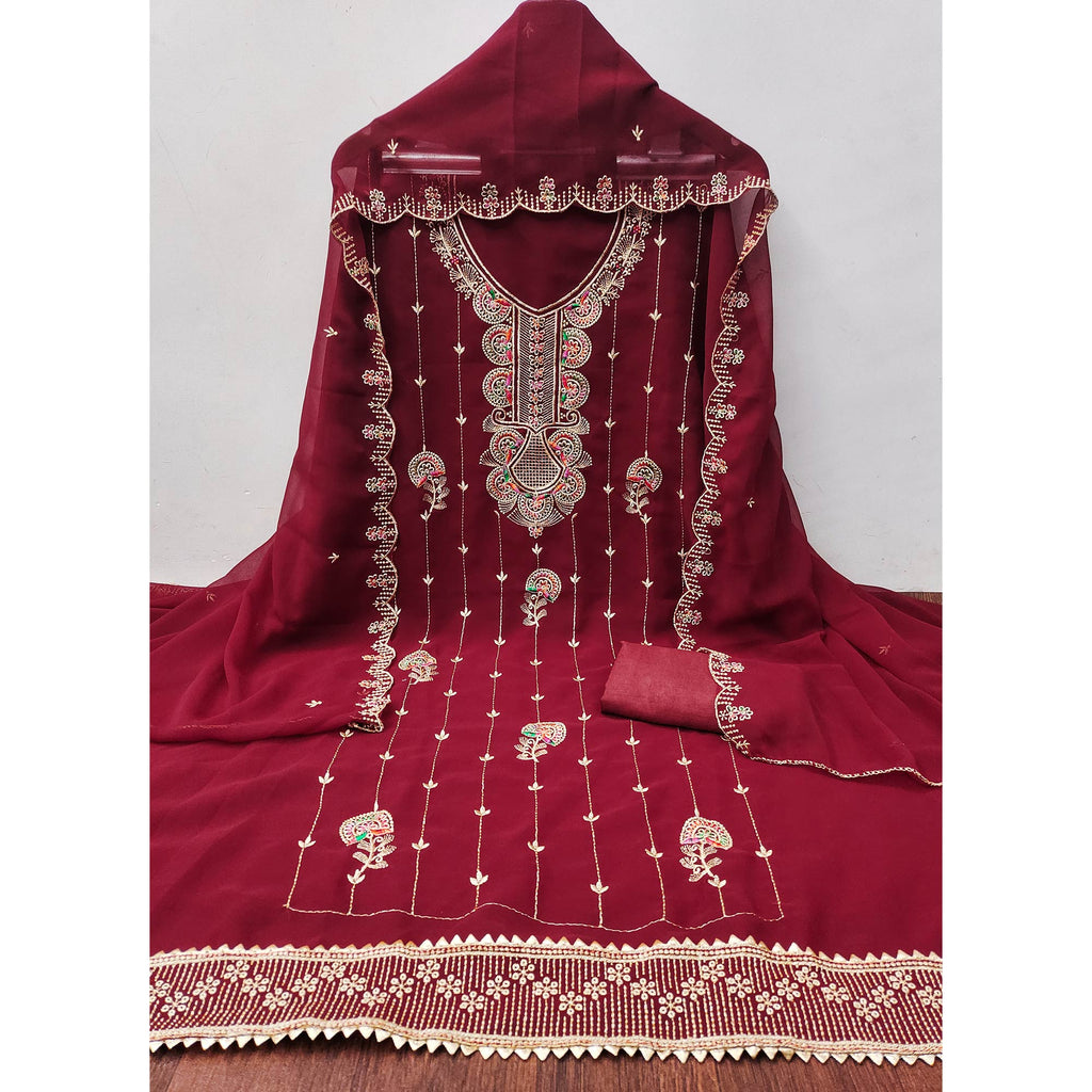 Maroon Floral Embroidered Unstitched Suit Fabric in Flowing Georgette