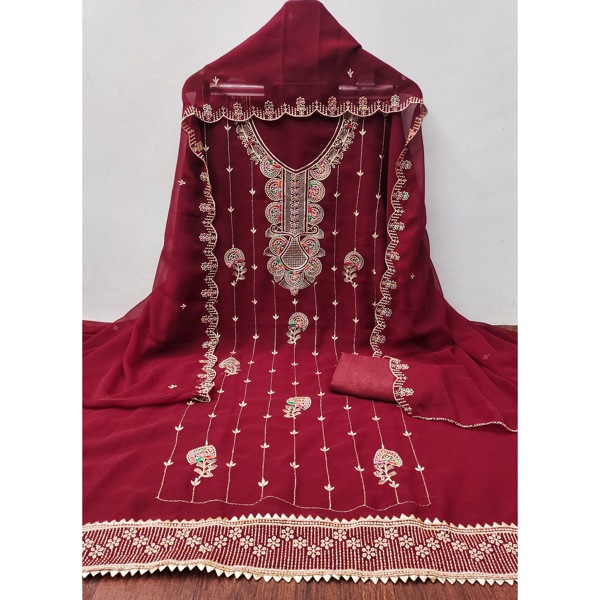 Maroon Floral Embroidered Unstitched Suit Fabric in Flowing Georgette