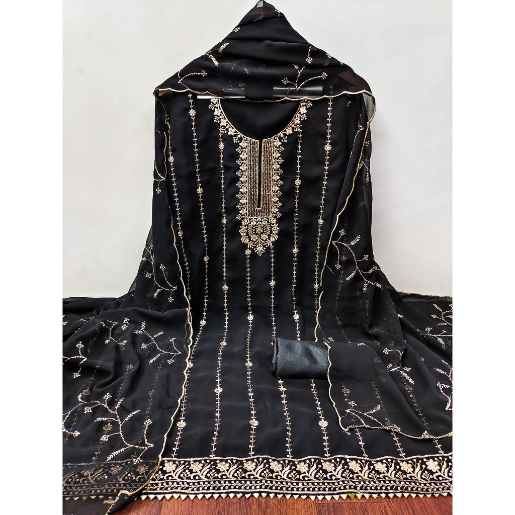 Black Georgette Unstitched Dress Material Adorned with Ornate Thread Embroidery