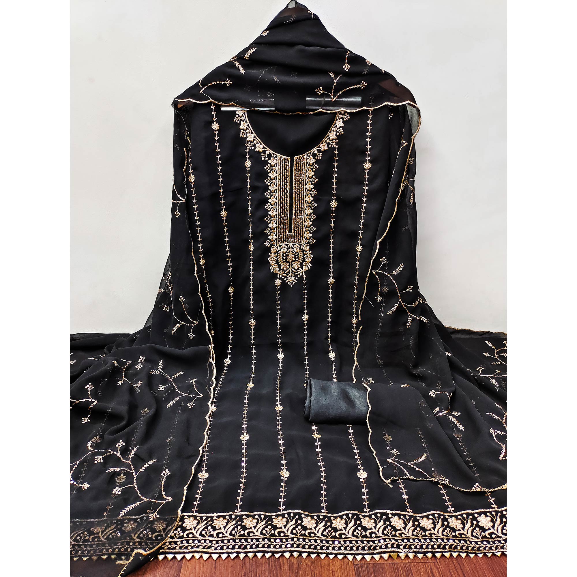Black Georgette Unstitched Dress Material Adorned with Ornate Thread Embroidery