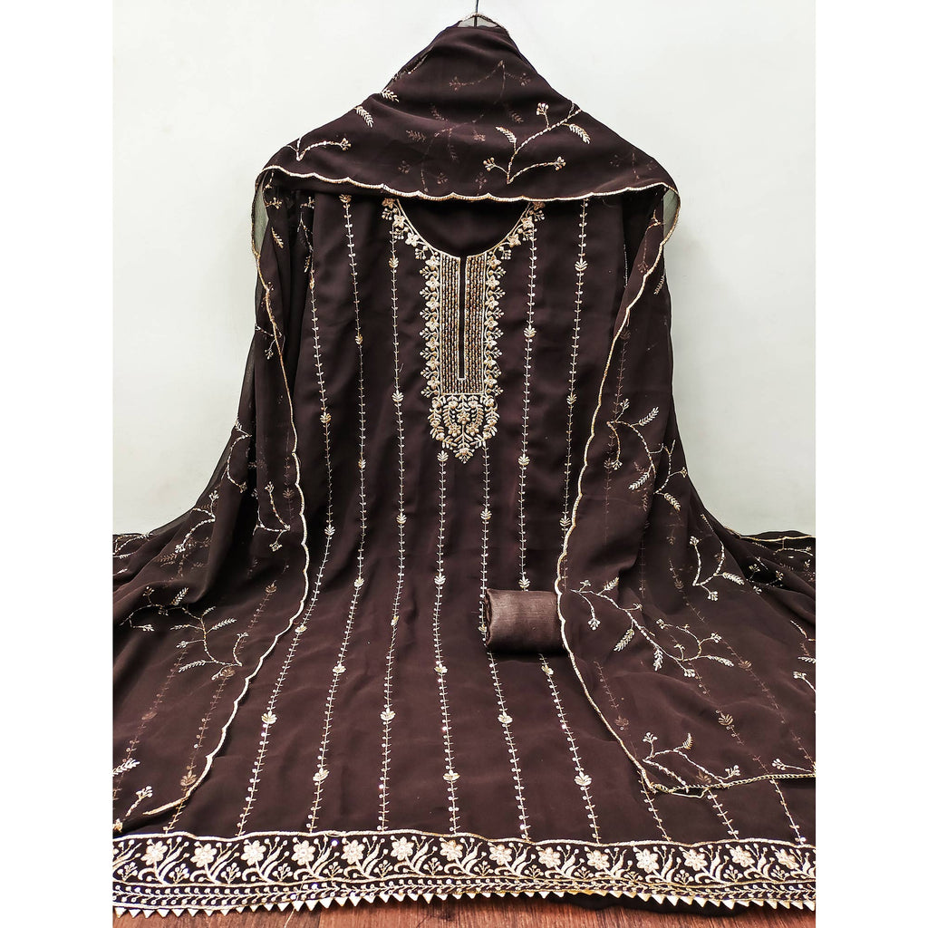 Coffee Brown Georgette Unstitched Dress Material Adorned with Ornate Thread Embroidery