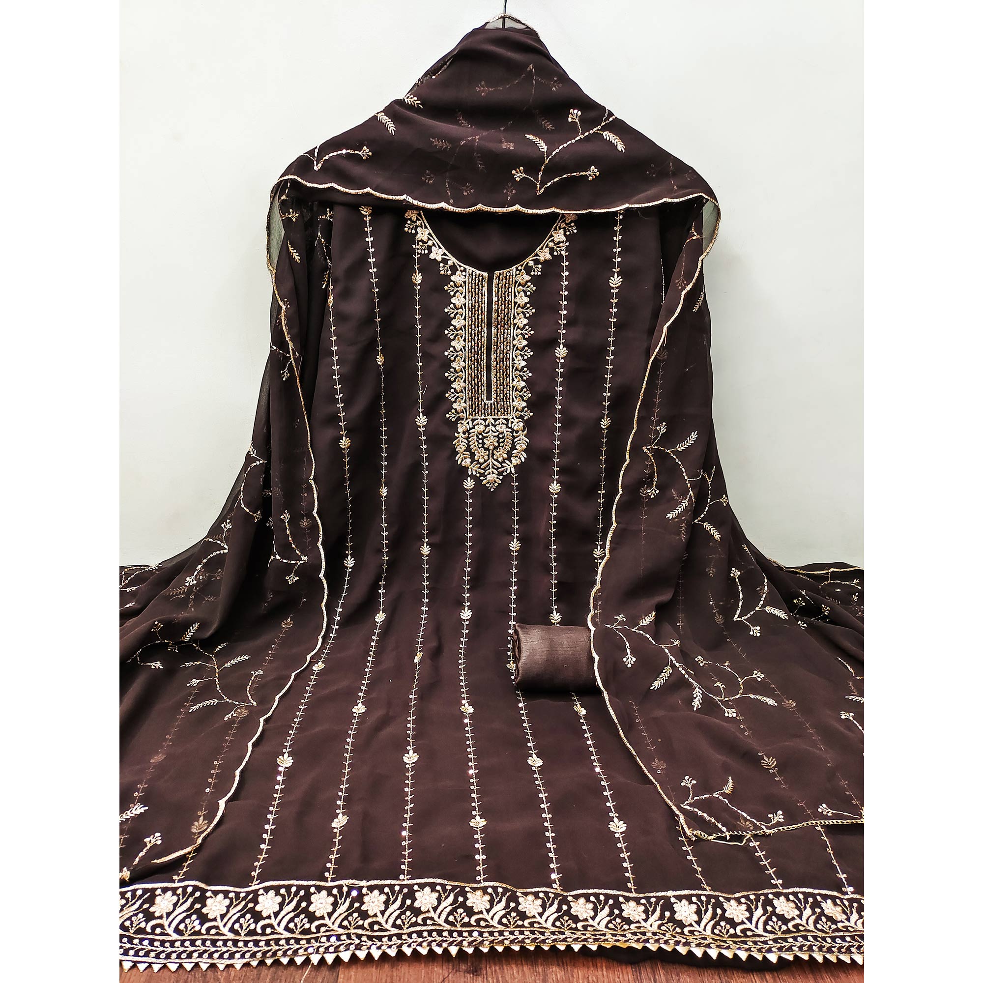 Coffee Brown Georgette Unstitched Dress Material Adorned with Ornate Thread Embroidery