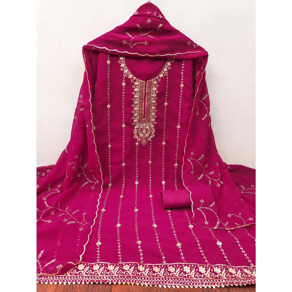 Pink Georgette Unstitched Dress Material Adorned with Ornate Thread Embroidery