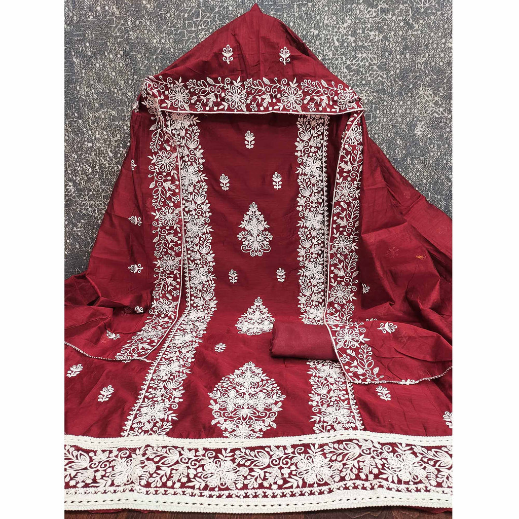 Maroon Chanderi Cotton Dress Material With Graceful Floral Thread Embroidery