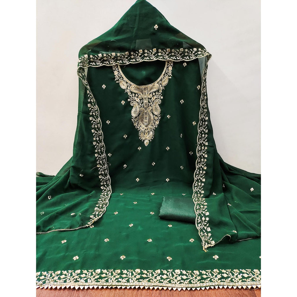 Green Georgette Dress Material Accentuated With Delicate Floral Embroidery & Sequins Work