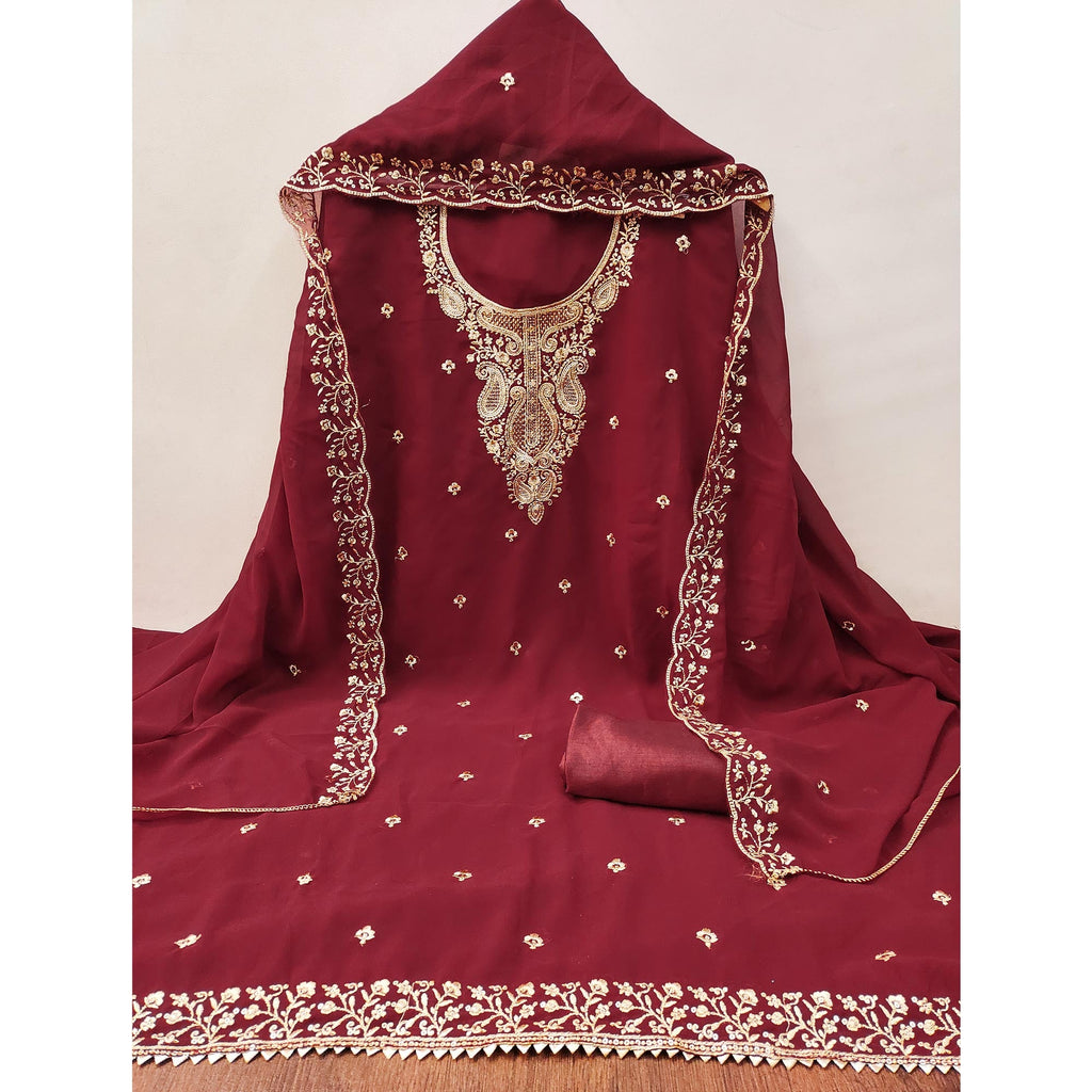 Maroon Georgette Dress Material Accentuated With Delicate Floral Embroidery & Sequins Work