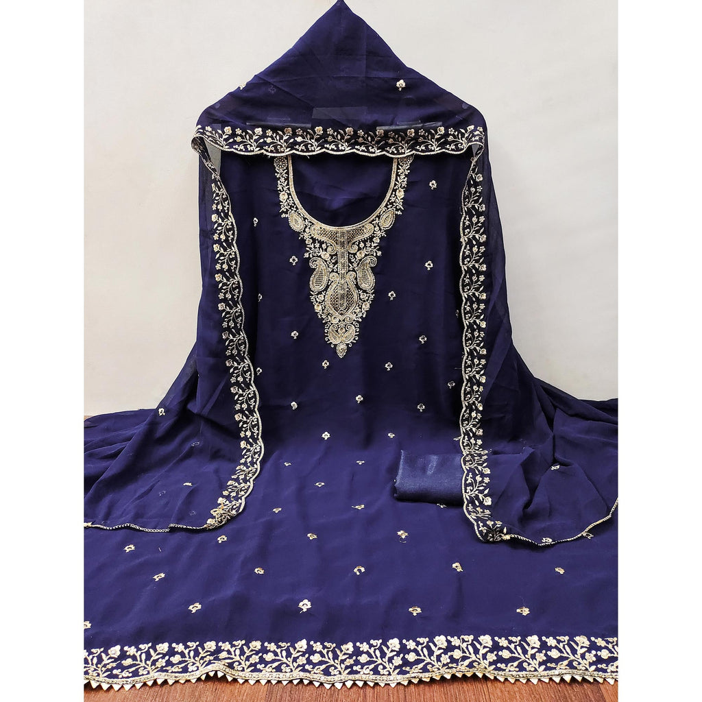 Navy Blue Georgette Dress Material Accentuated With Delicate Floral Embroidery & Sequins Work