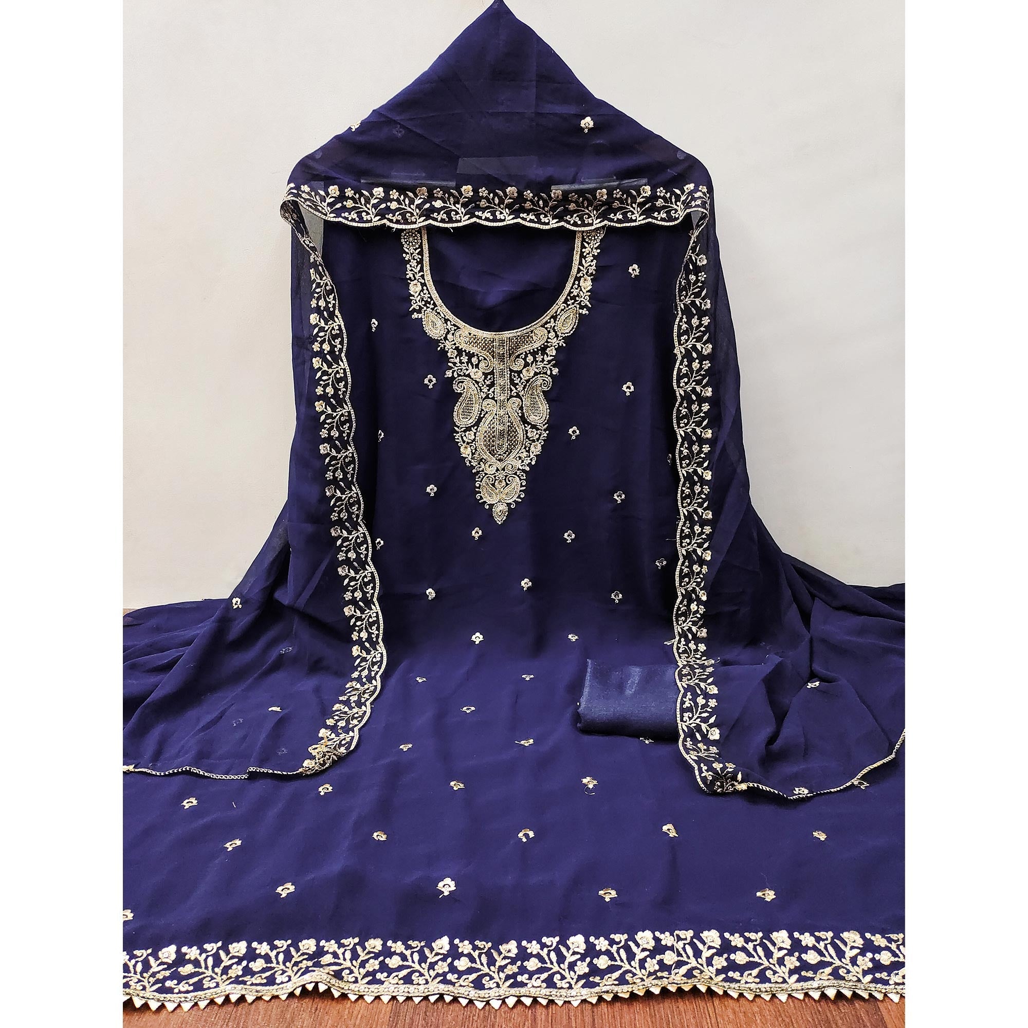 Navy Blue Georgette Dress Material Accentuated With Delicate Floral Embroidery & Sequins Work