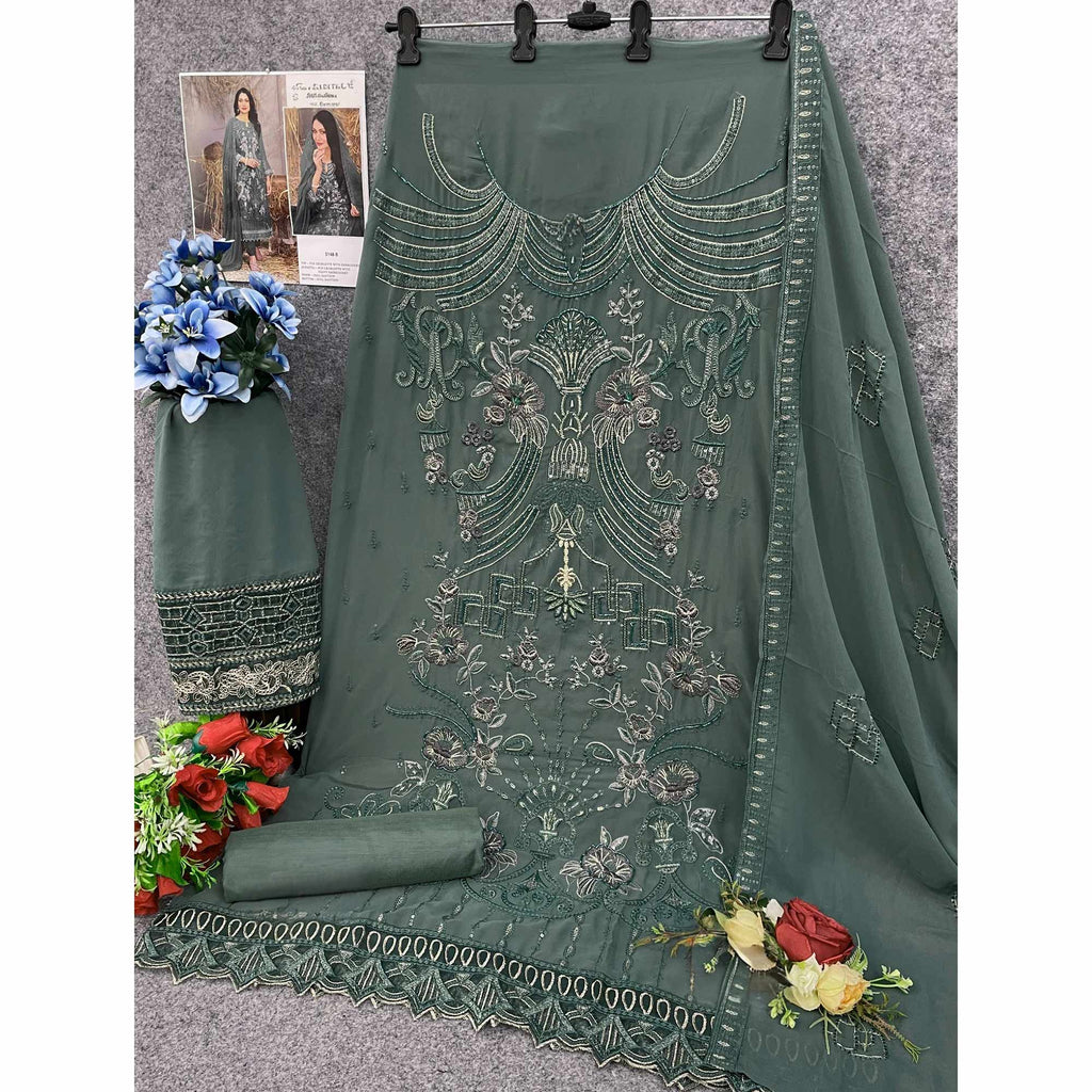 Dusty Green Floral Embroidered Heavy Georgette Dress Material