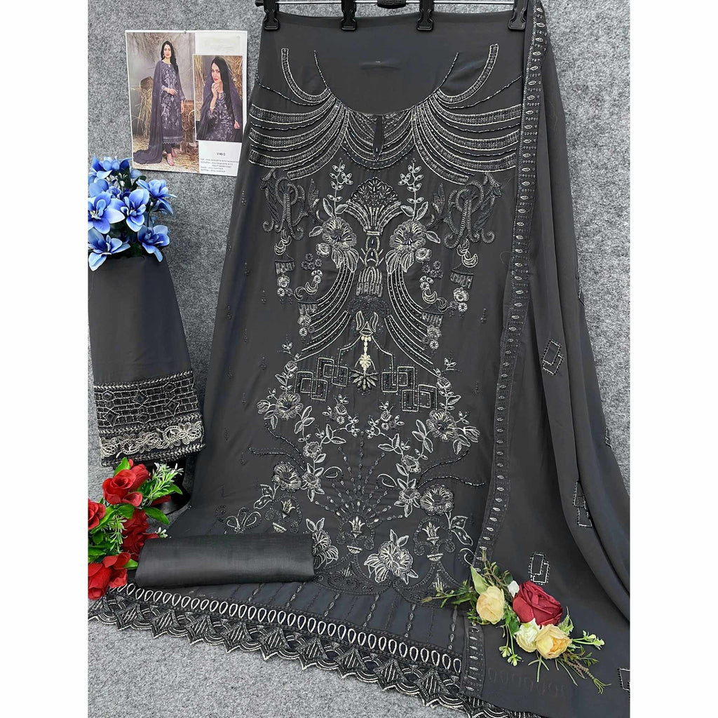 Dark Grey Floral Embroidered Heavy Georgette Dress Material
