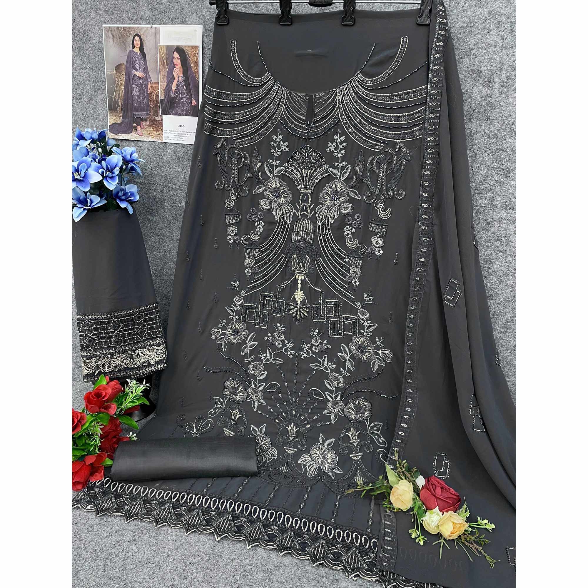 Dark Grey Floral Embroidered Heavy Georgette Dress Material