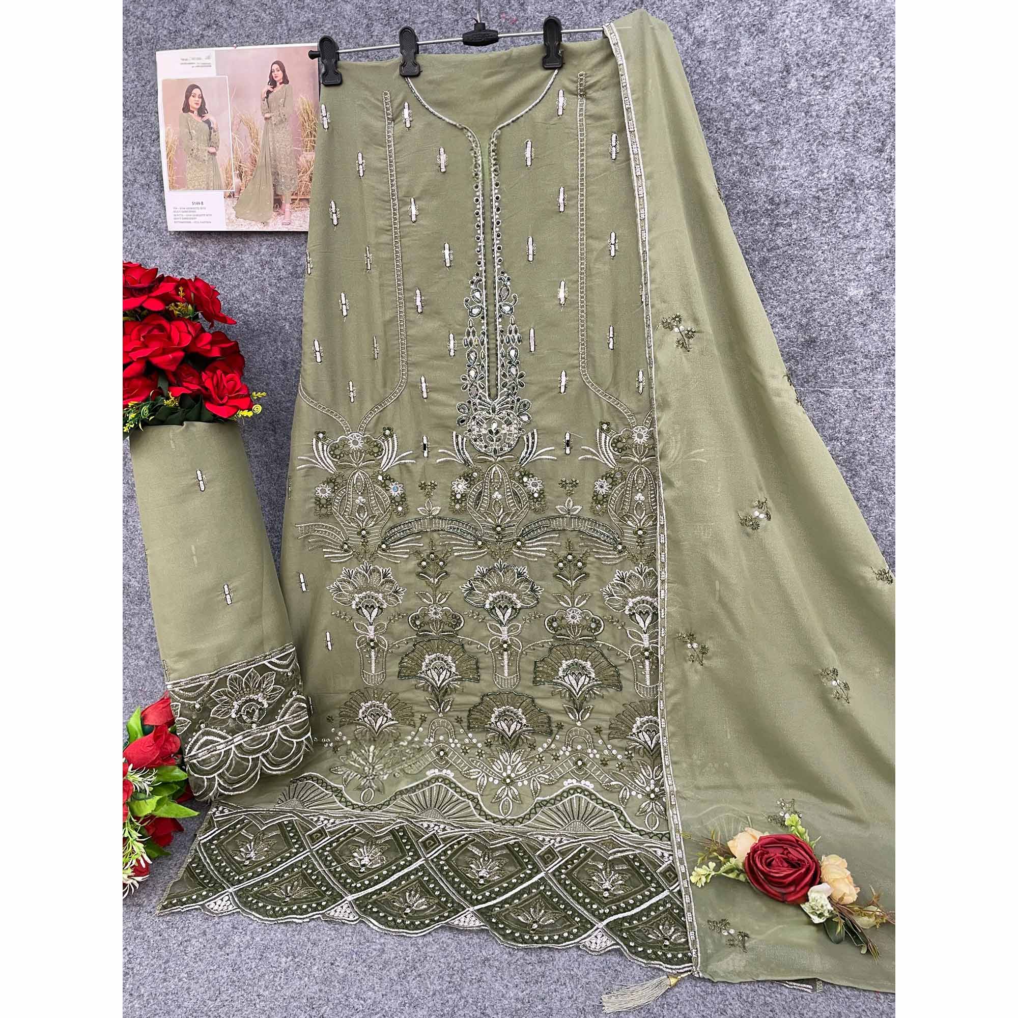 Pastel Green Floral Embroidered Heavy Georgette Dress Material