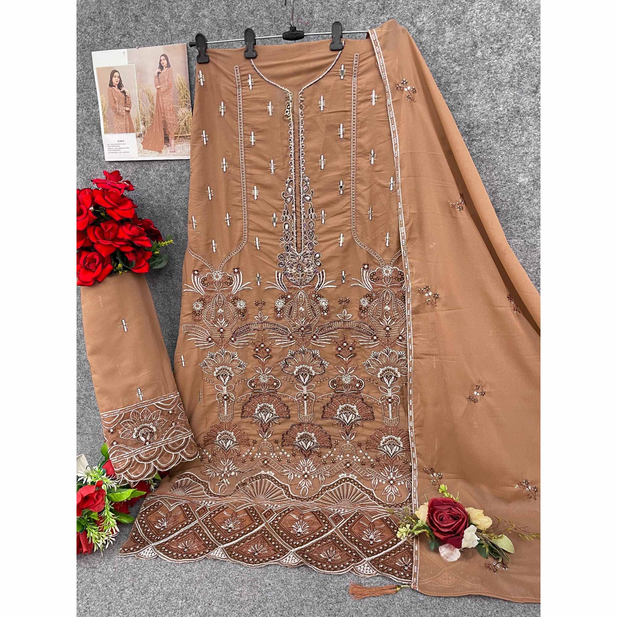 Chikoo Floral Embroidered Heavy Georgette Dress Material