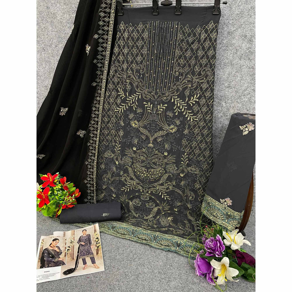 Grey Floral Embroidered Georgette Dress Material