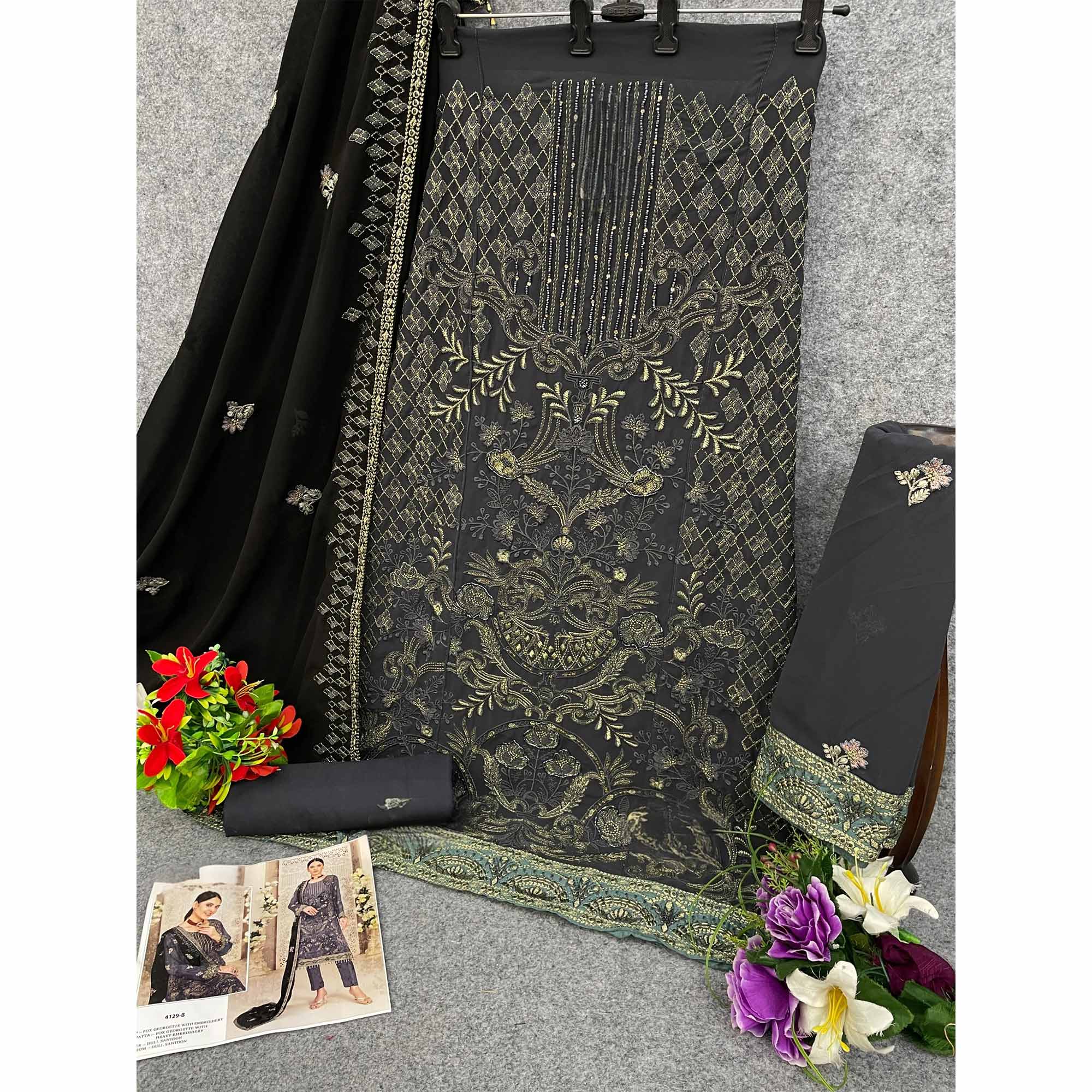 Grey Floral Embroidered Georgette Dress Material