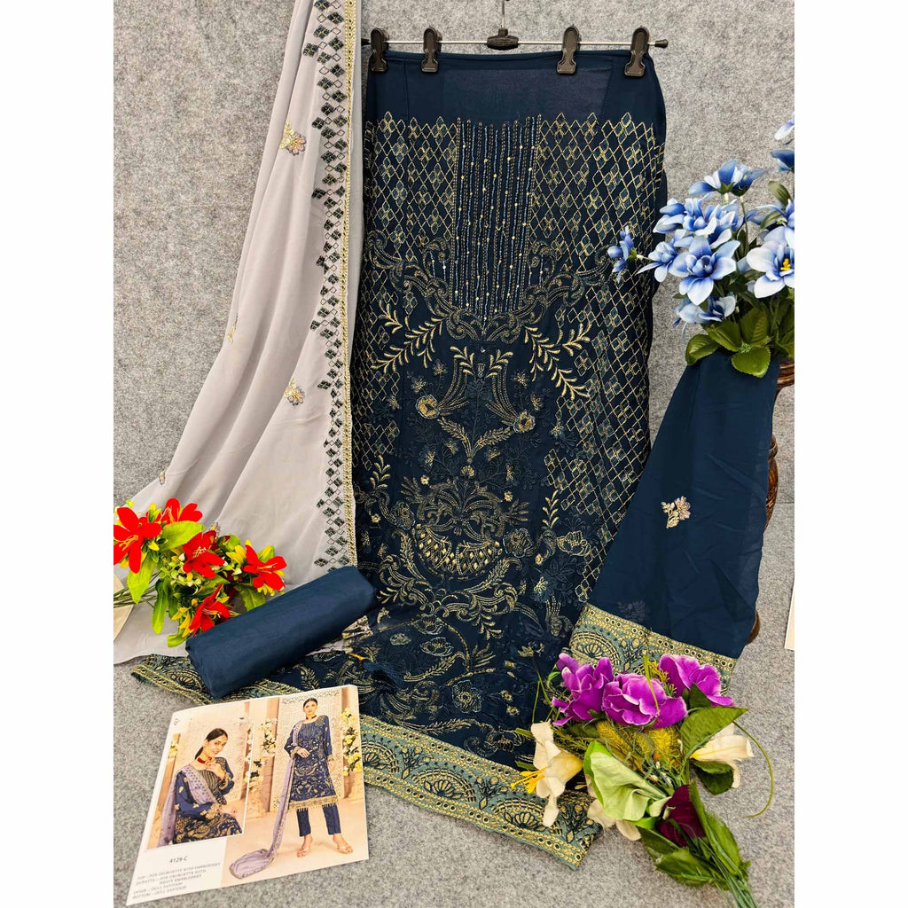 Navy Blue Floral Embroidered Georgette Dress Material