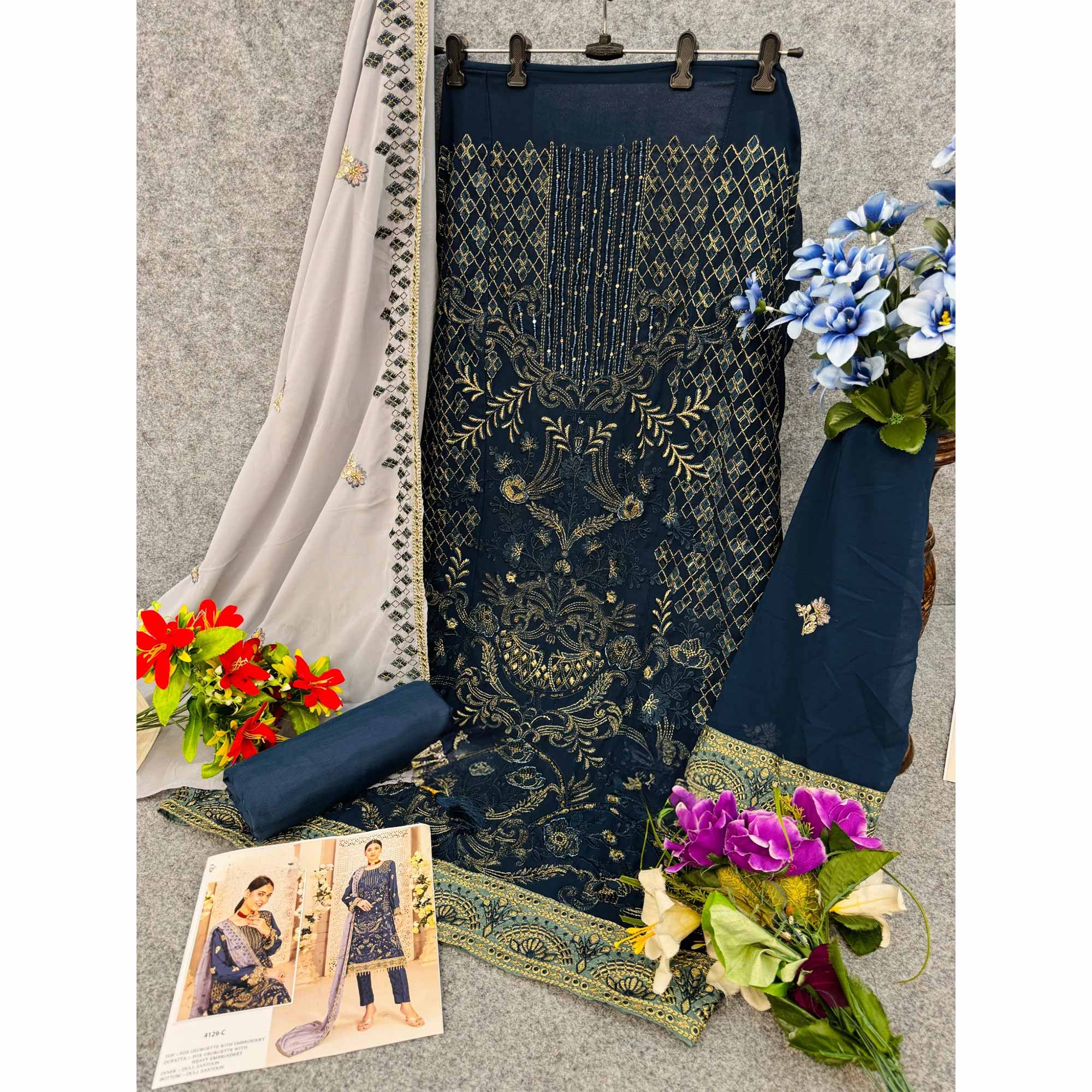 Navy Blue Floral Embroidered Georgette Dress Material