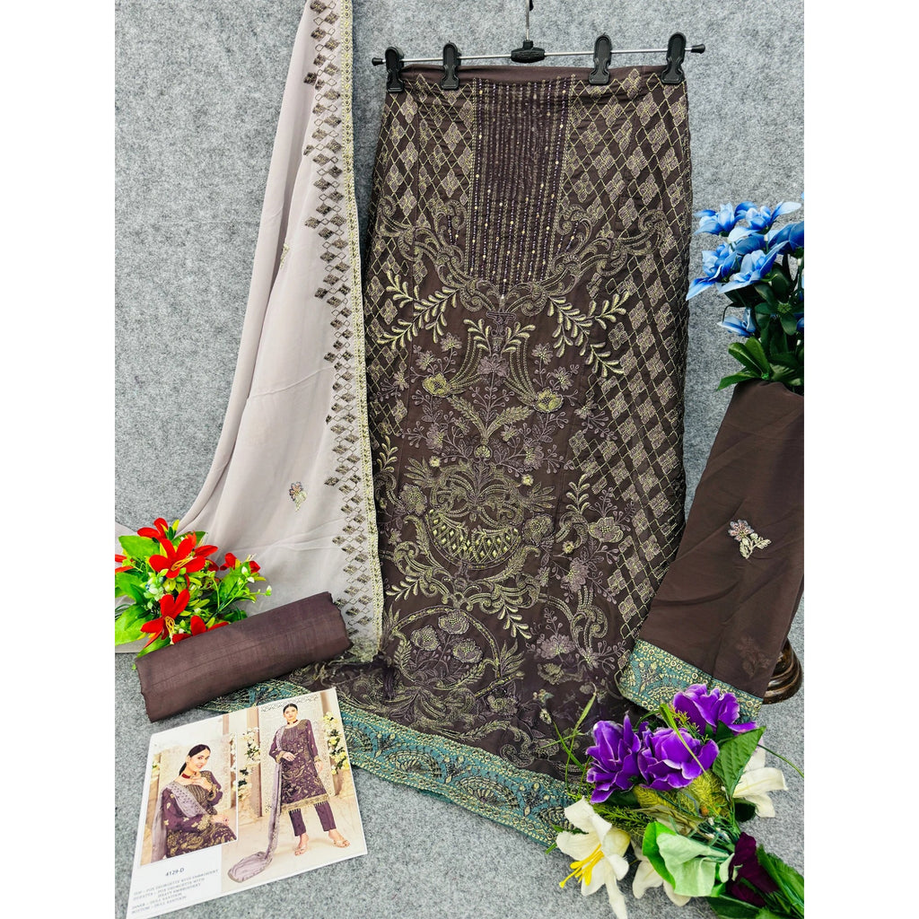 Brown Floral Embroidered Georgette Dress Material