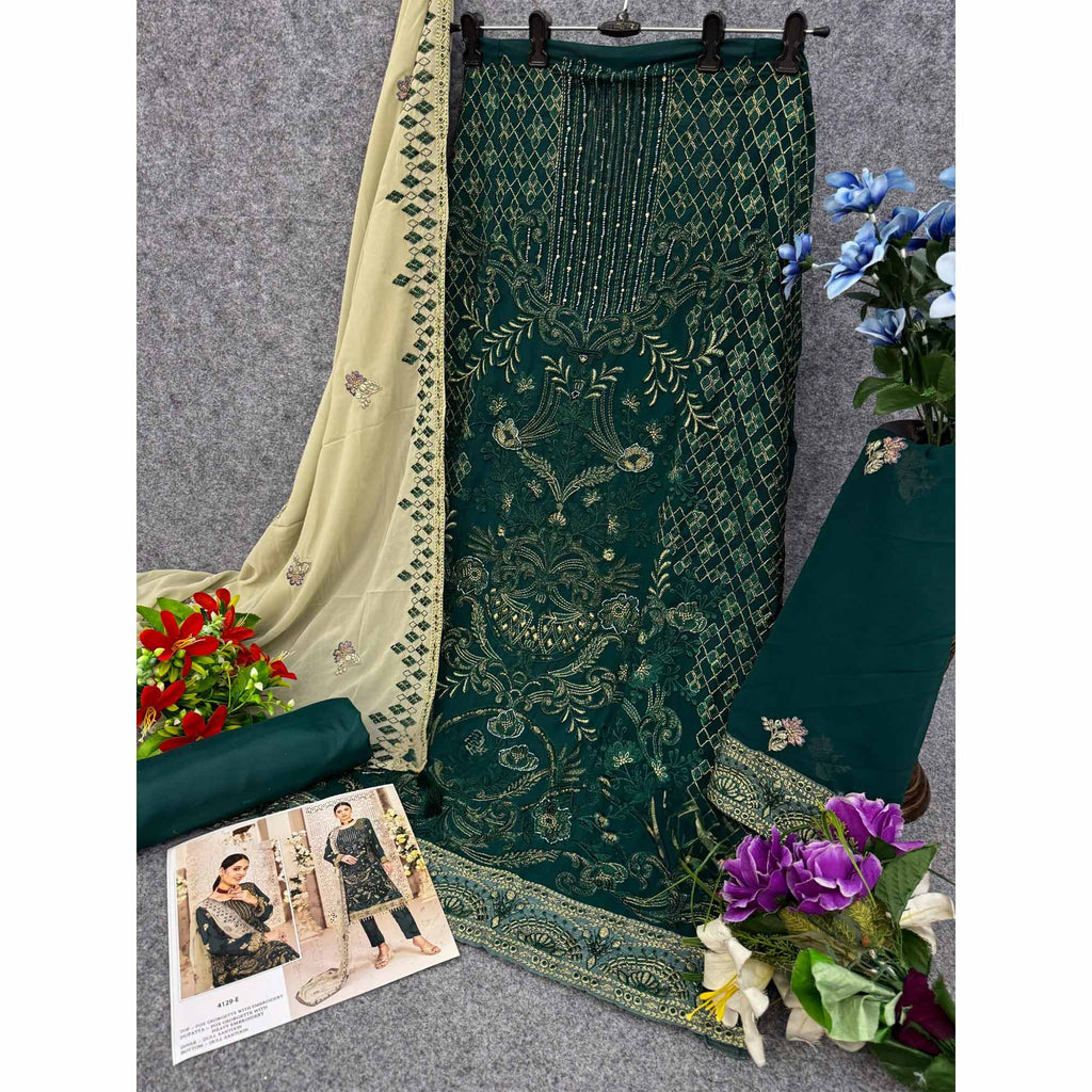 Green Floral Embroidered Georgette Dress Material