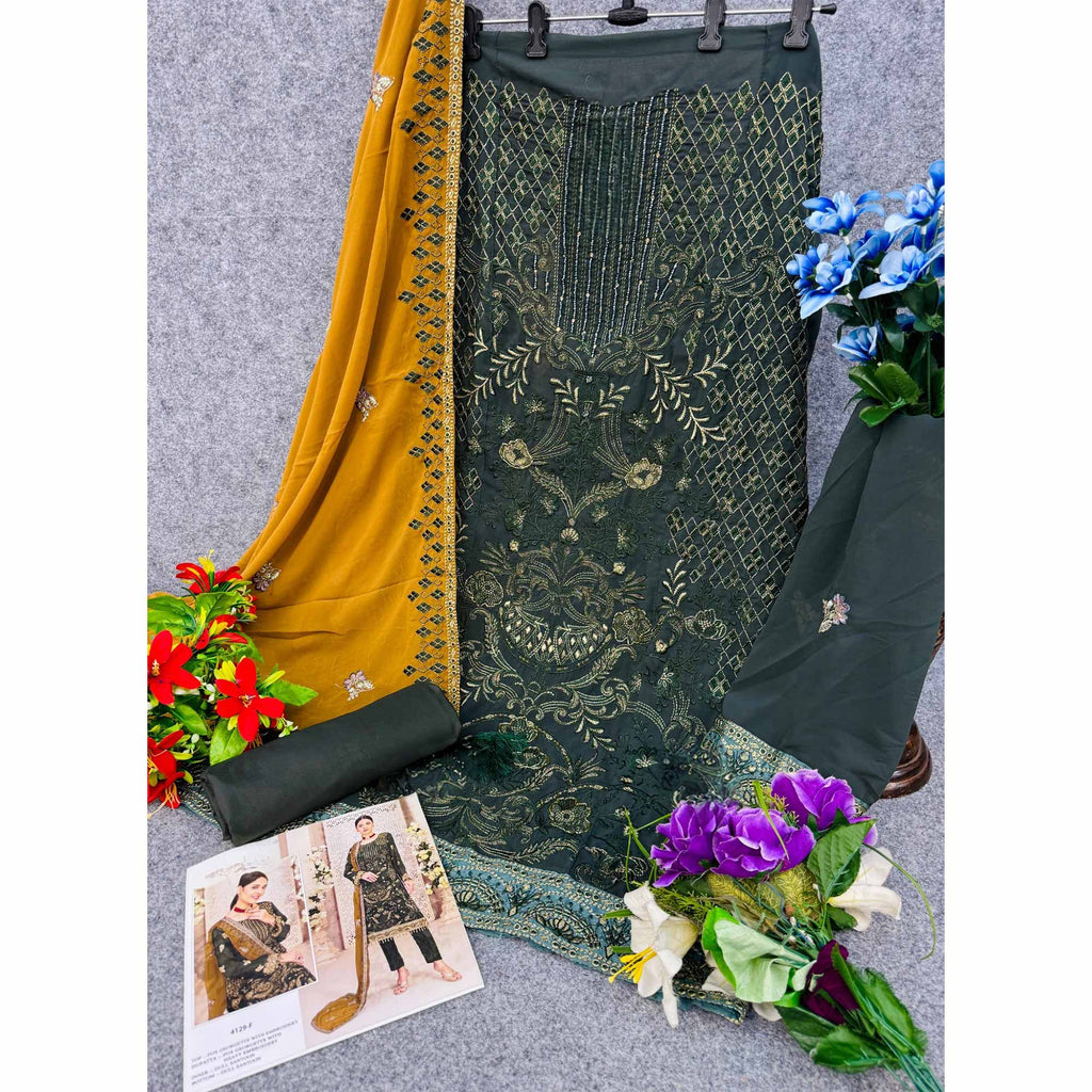 Mehendi Green Floral Embroidered Georgette Dress Material