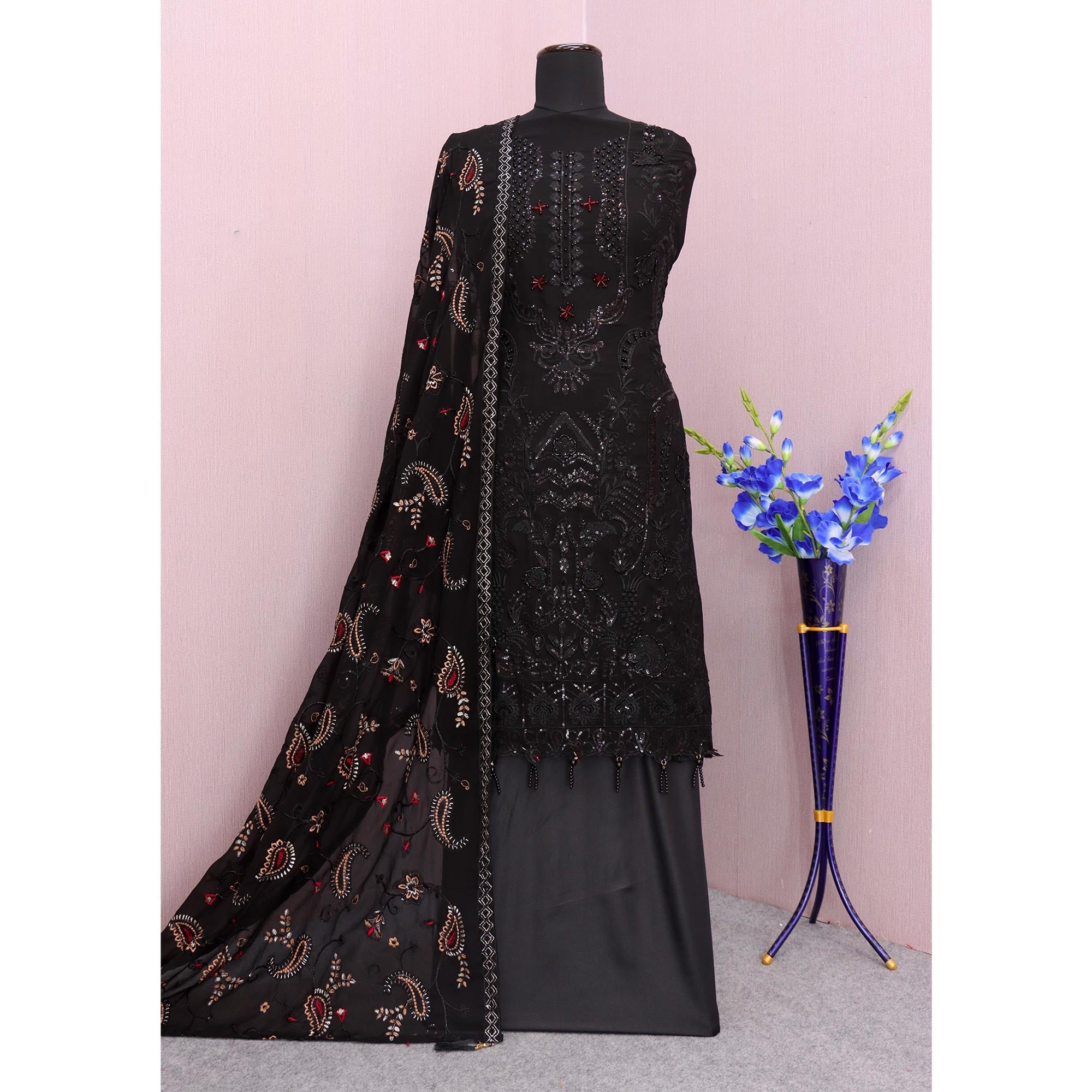 Black Heavy Embroidered Work Georgette Dress Material
