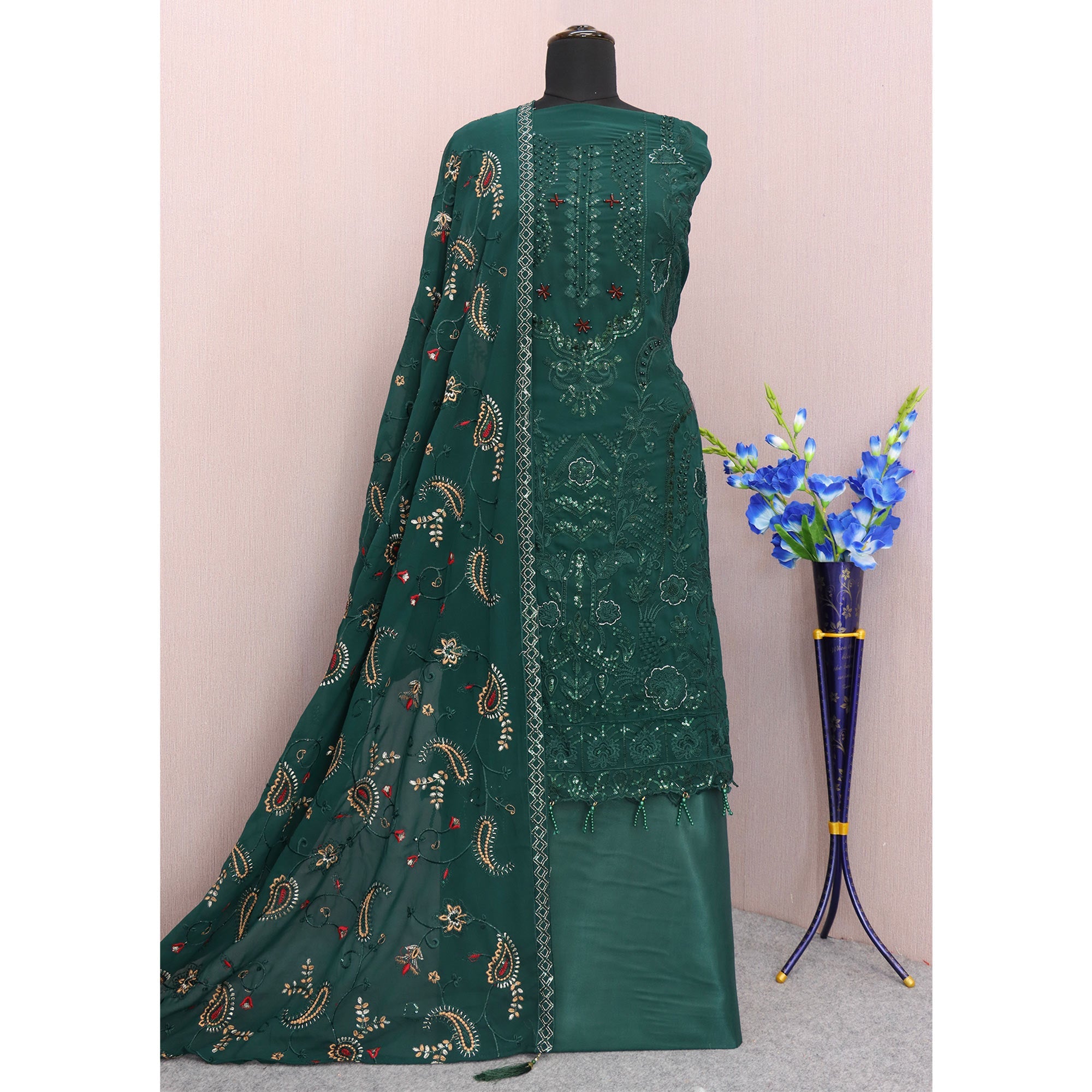 Green Heavy Embroidered Work Georgette Dress Material