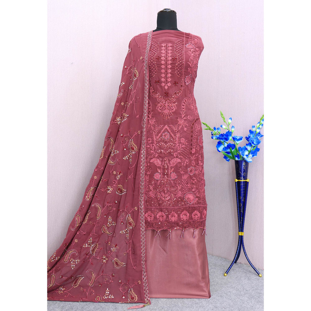 Dusty Pink Heavy Embroidered Work Georgette Dress Material