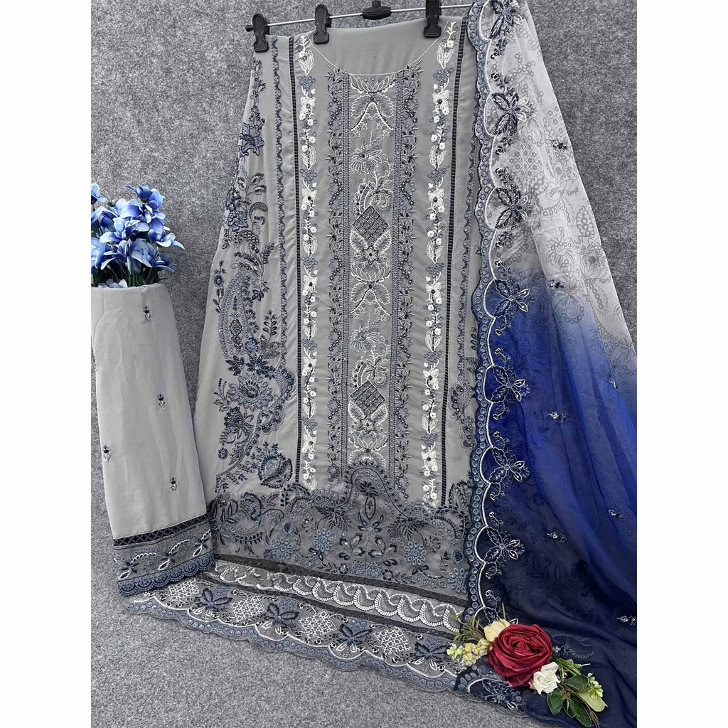 Grey Floral Design Dress Material Crafted from Lightweight Georgette Fabric