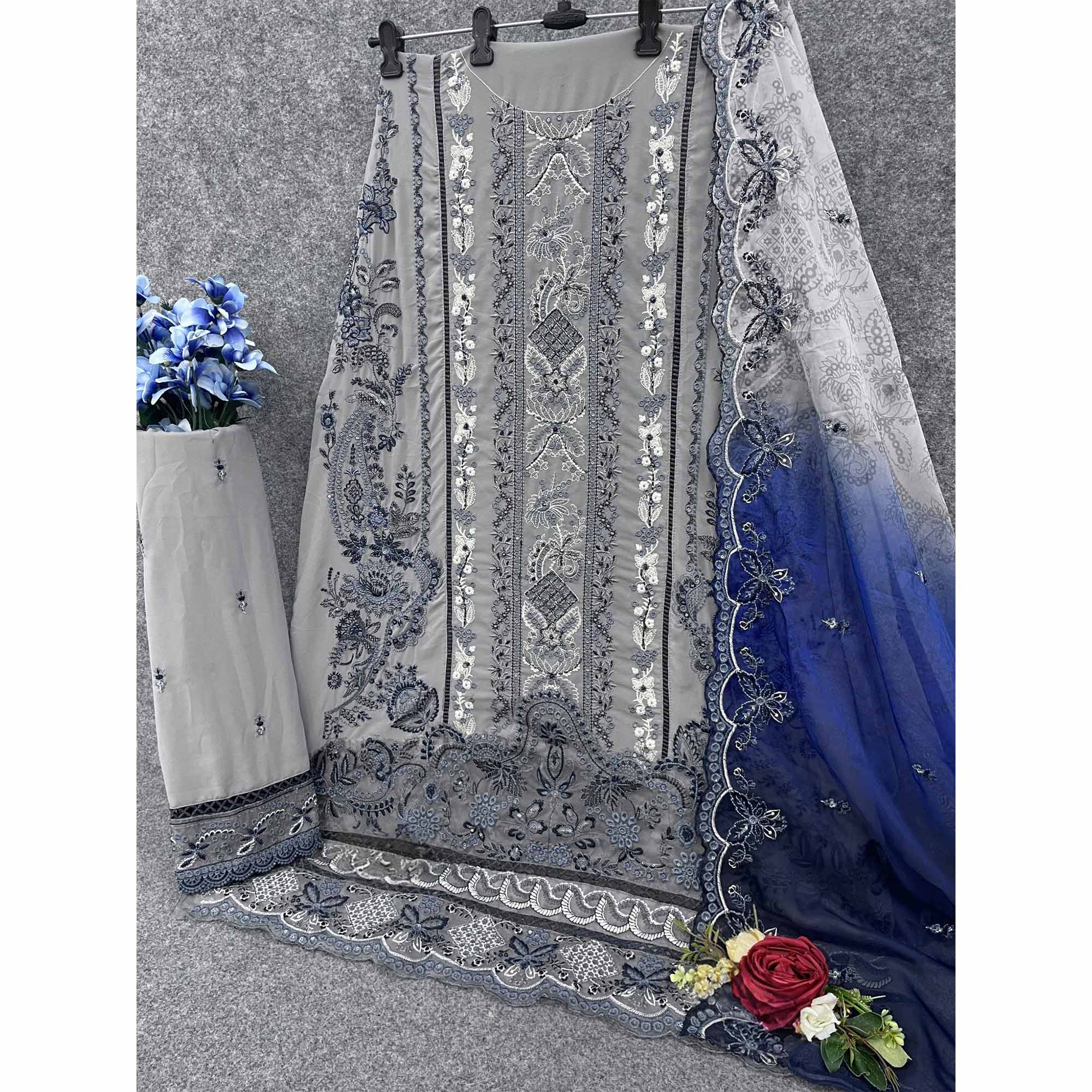 Grey Floral Design Dress Material Crafted from Lightweight Georgette Fabric